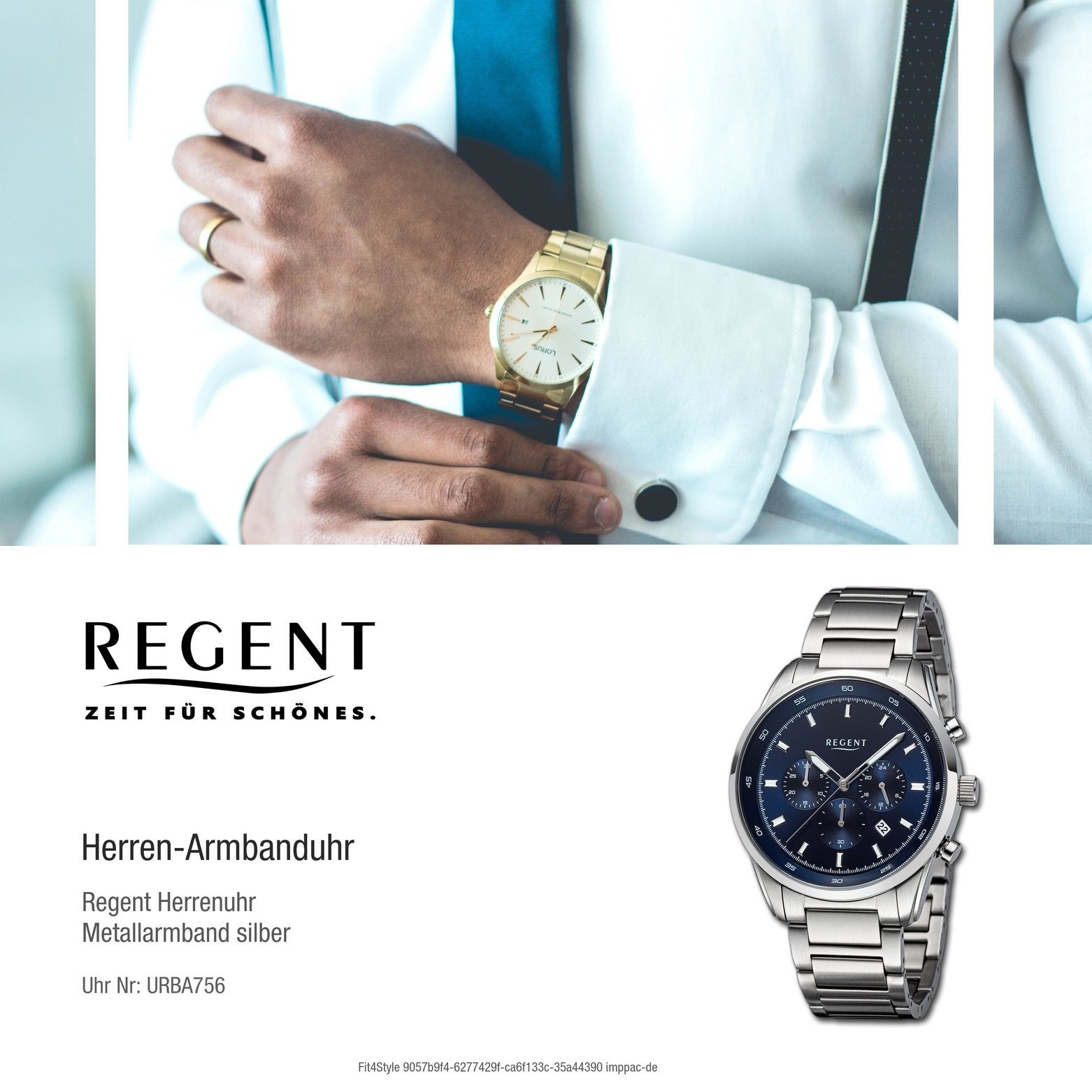 rund, groß Armbanduhr Quarzuhr Regent 44mm), Analog, Metallarmband extra Regent (ca. Herren Herren Armbanduhr