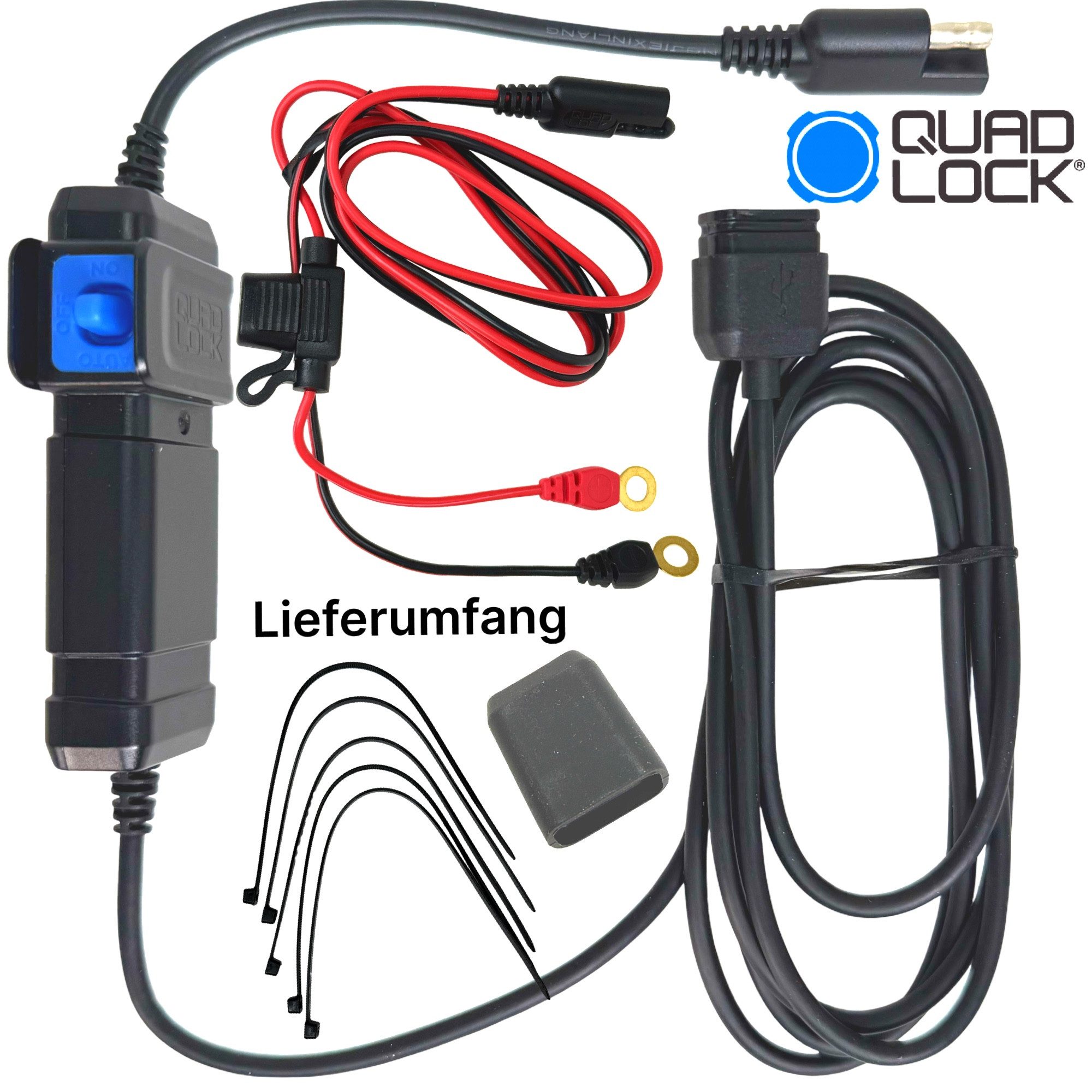 Quad Lock Handyhülle QUAD LOCK Wasserfest 12V zu USB Smart Adapter für Motorräder, Boote