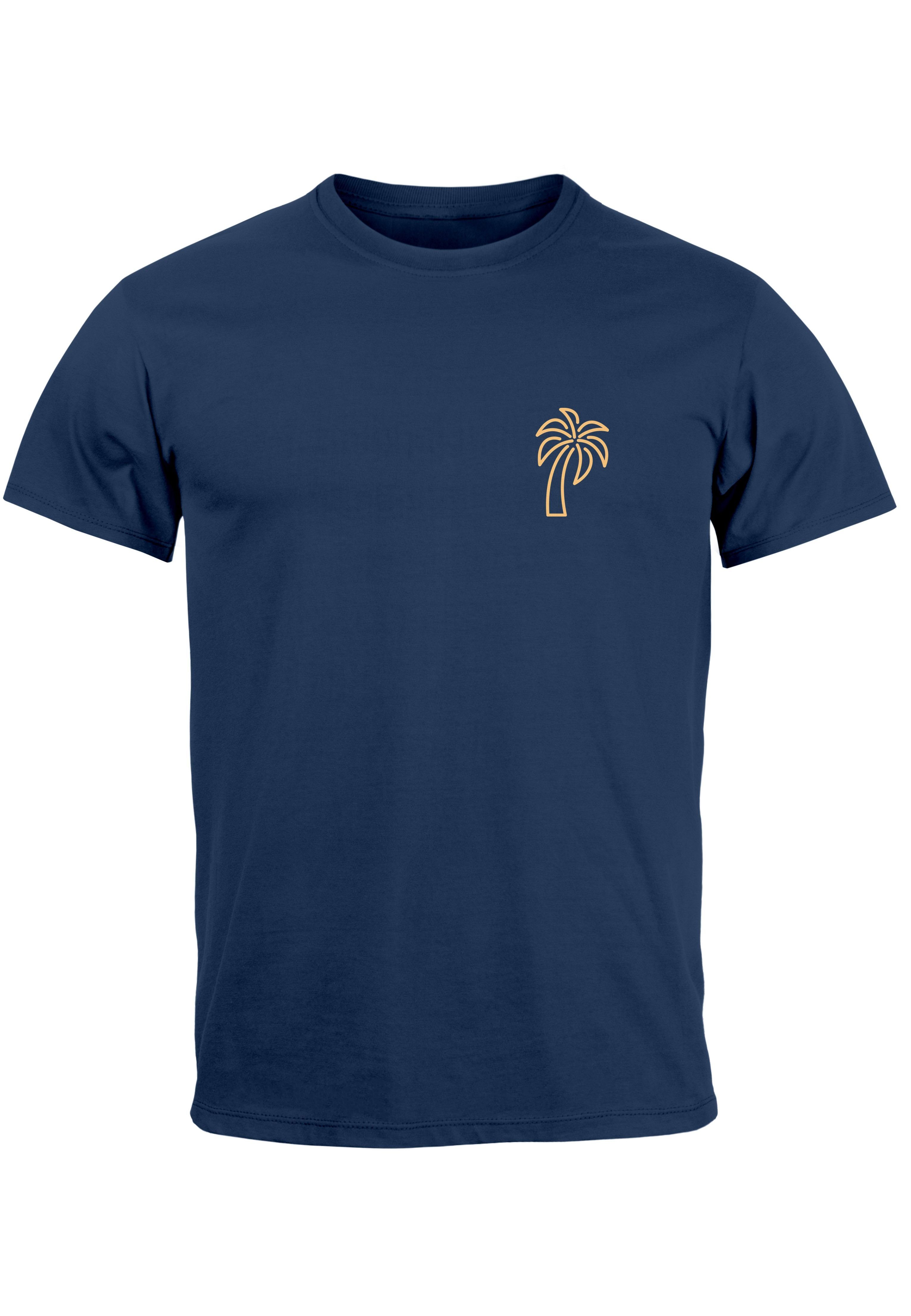 Neverless Print-Shirt Herren T-Shirt Palme Logo Print Sommer Badge Emblem Minimal Line Art F mit Print navy-gelb