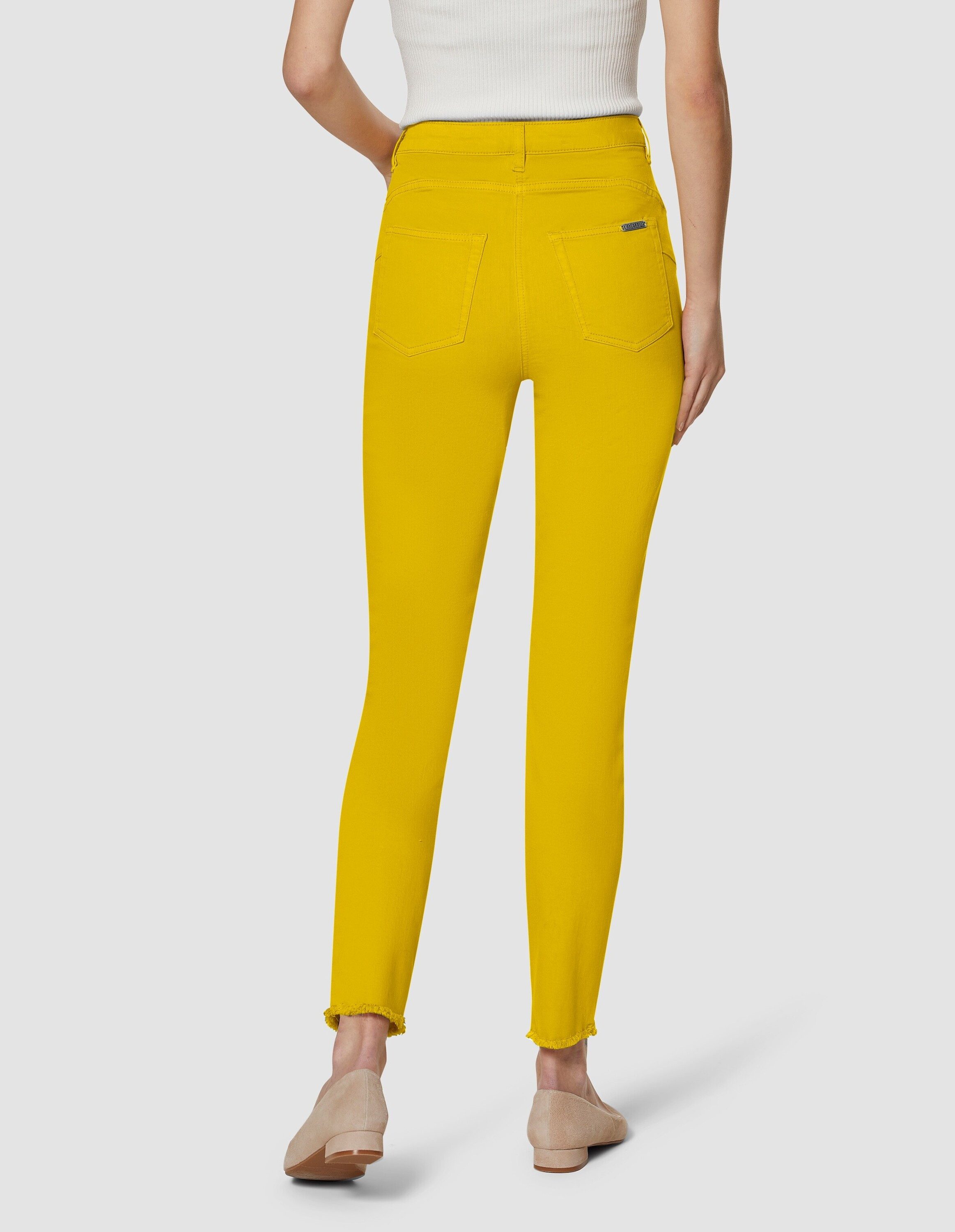 MADELEINE Gerade Jeans Mid Waist Skinny-Hose mit Fransen Fransenhose in schmale Silhouette, Five-Pocket-Stil
