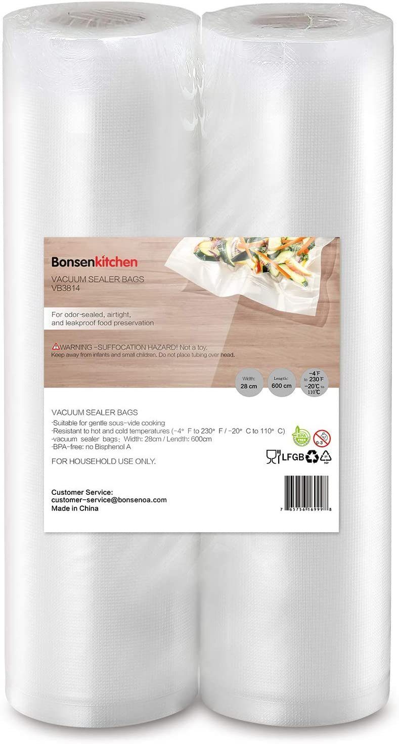 Bonsenkitchen Vakuumierbeutel-Adapter Bonsenkitchen VB8904 Profi-Vakuumbeutel für Vakuumierer und Lebensmittel-Vakuumierer, kochfester und Sous-Vide-Beutel 2 Rollen 28 x 600 cm