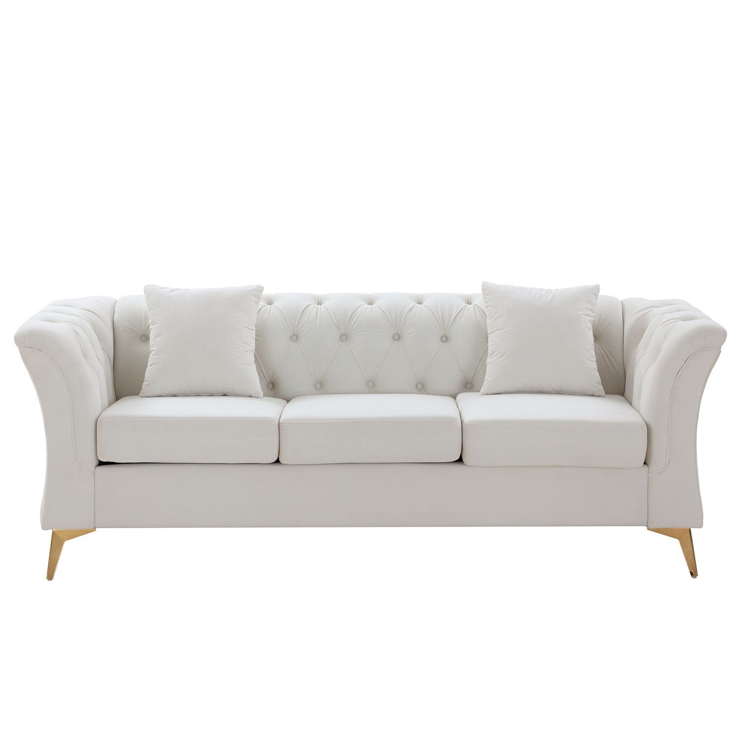 3-Sitzer, mit edler Knopfheftung und gepolsterten Armlehnen, inklusive Federkern, Polstersofa mit 2 Zierkissen, Metallbein, Chesterfield-Optik