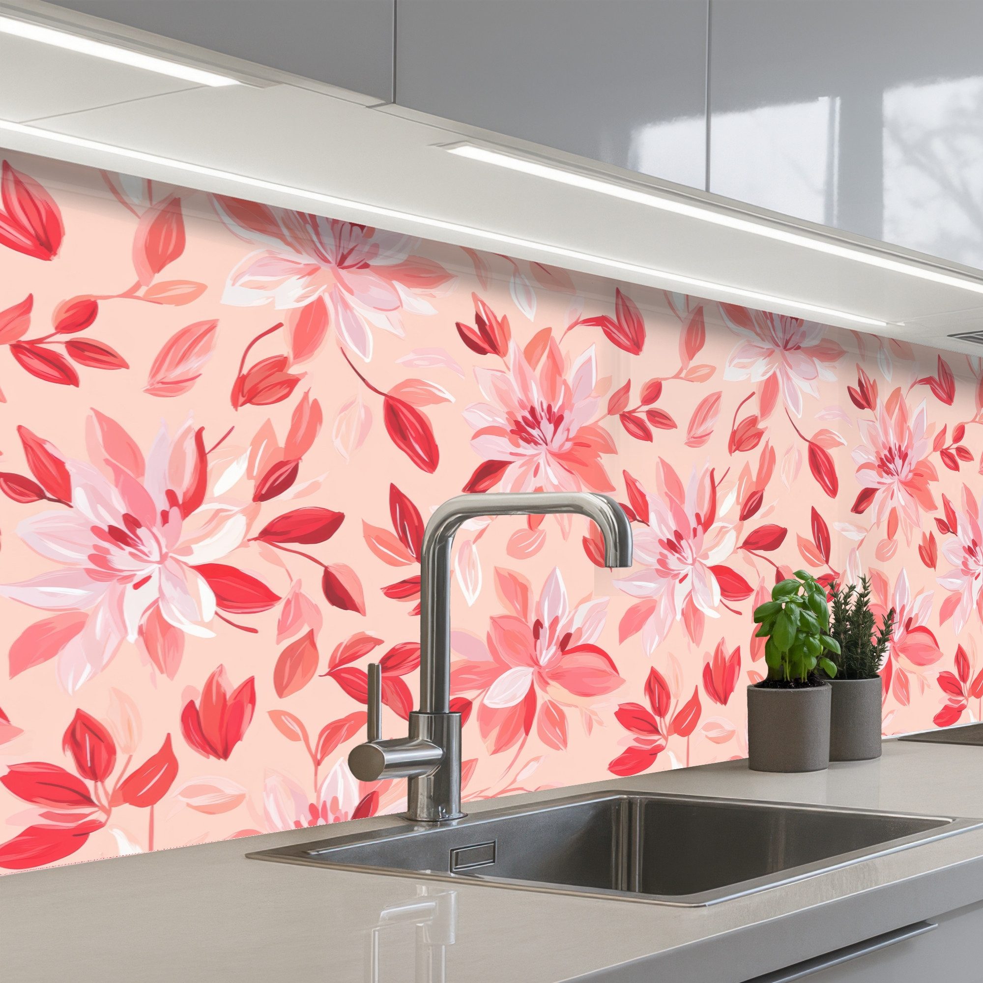 KitchenYeah Küchenrückwand selbstklebend (keine Folie) Botanisch - Blumen - Rot, (1-tlg), Spritzschutz, Küche, Rückwand, Küchenwand, Ohne Bohren, 250x80 cm