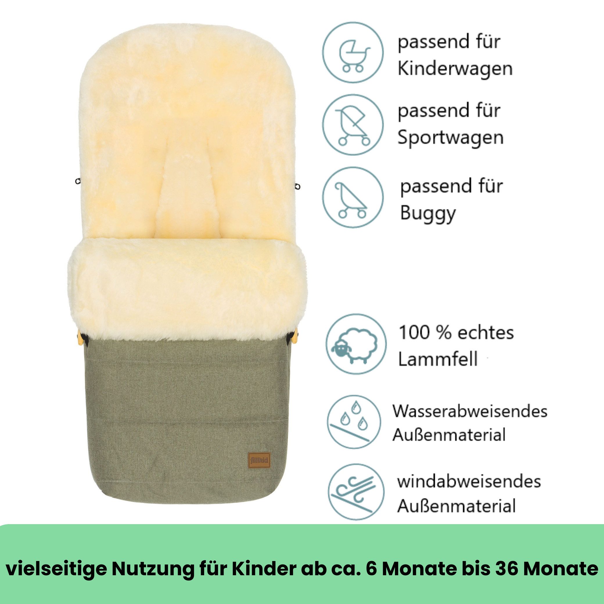 Fillikid Fußsack Winterfußsack Bernina Lammfell Exklusiv, Warmer Winterfußsack mit echtem Merino-Lammfell wasserabweisend und – Bild 2 von 5