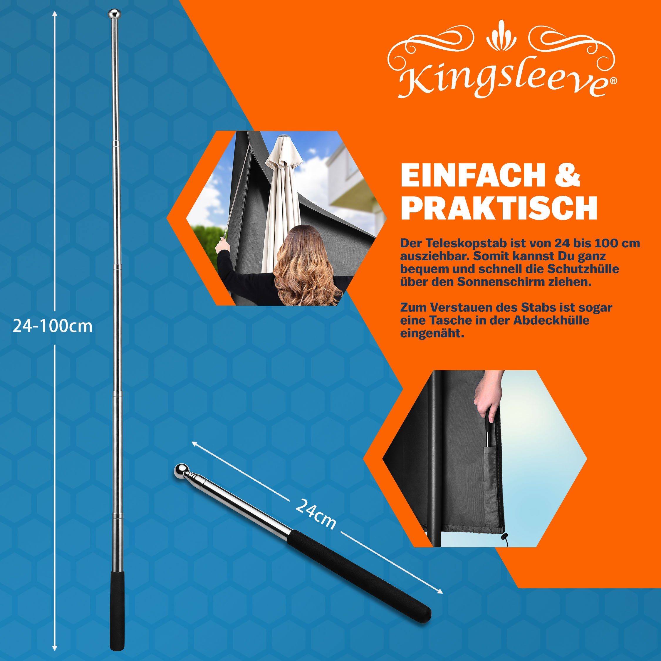 Kingsleeve Sonnenschirm-Schutzhülle (1-St), bis Ø 350 cm mit Stab Winterfest Wasserabweisend Wetterfest Robust
