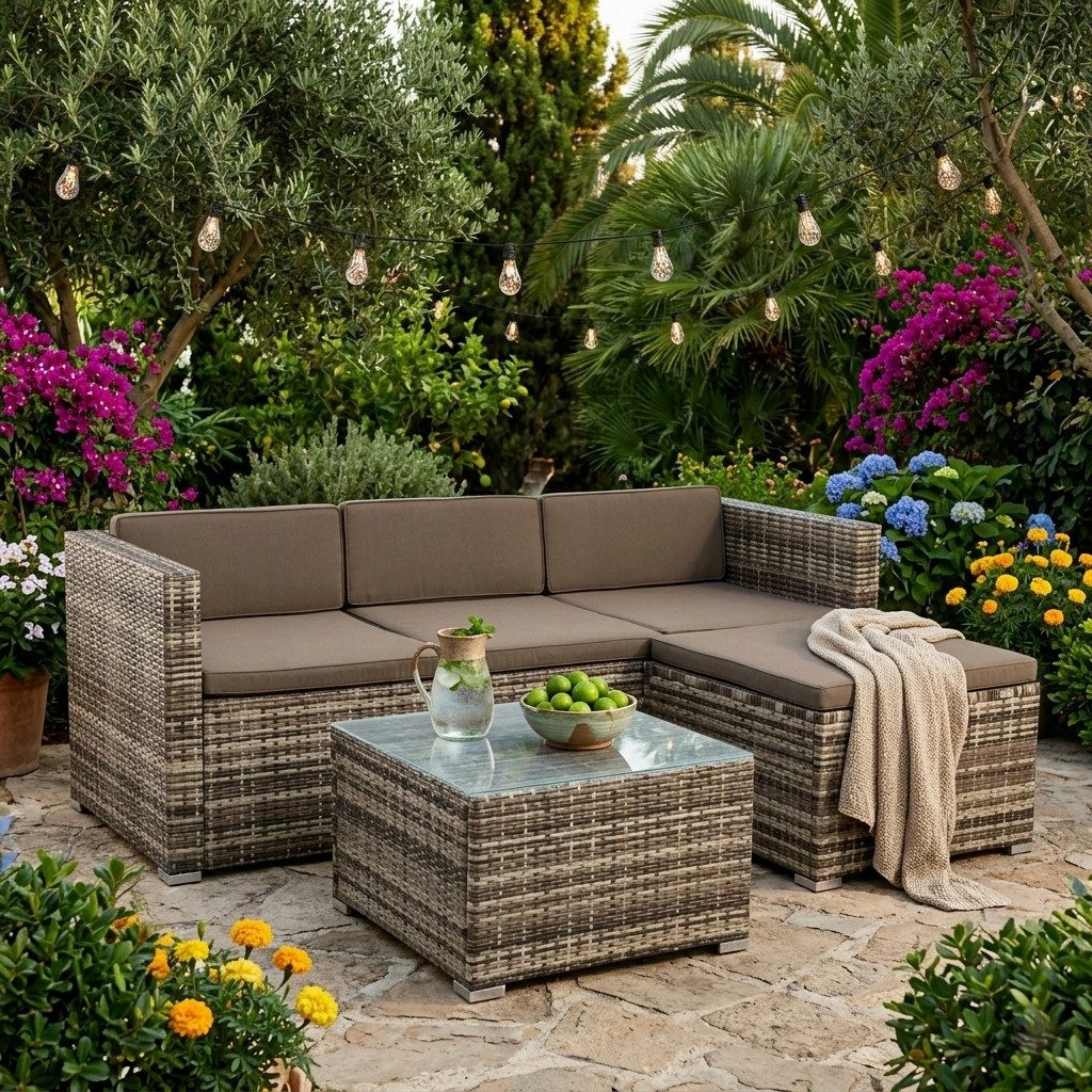 ESTEXO Sitzgruppe Rattan Lounge Gartenmöbel Set Couch 3-Sitzer Rattanmöbel Beige-Braun