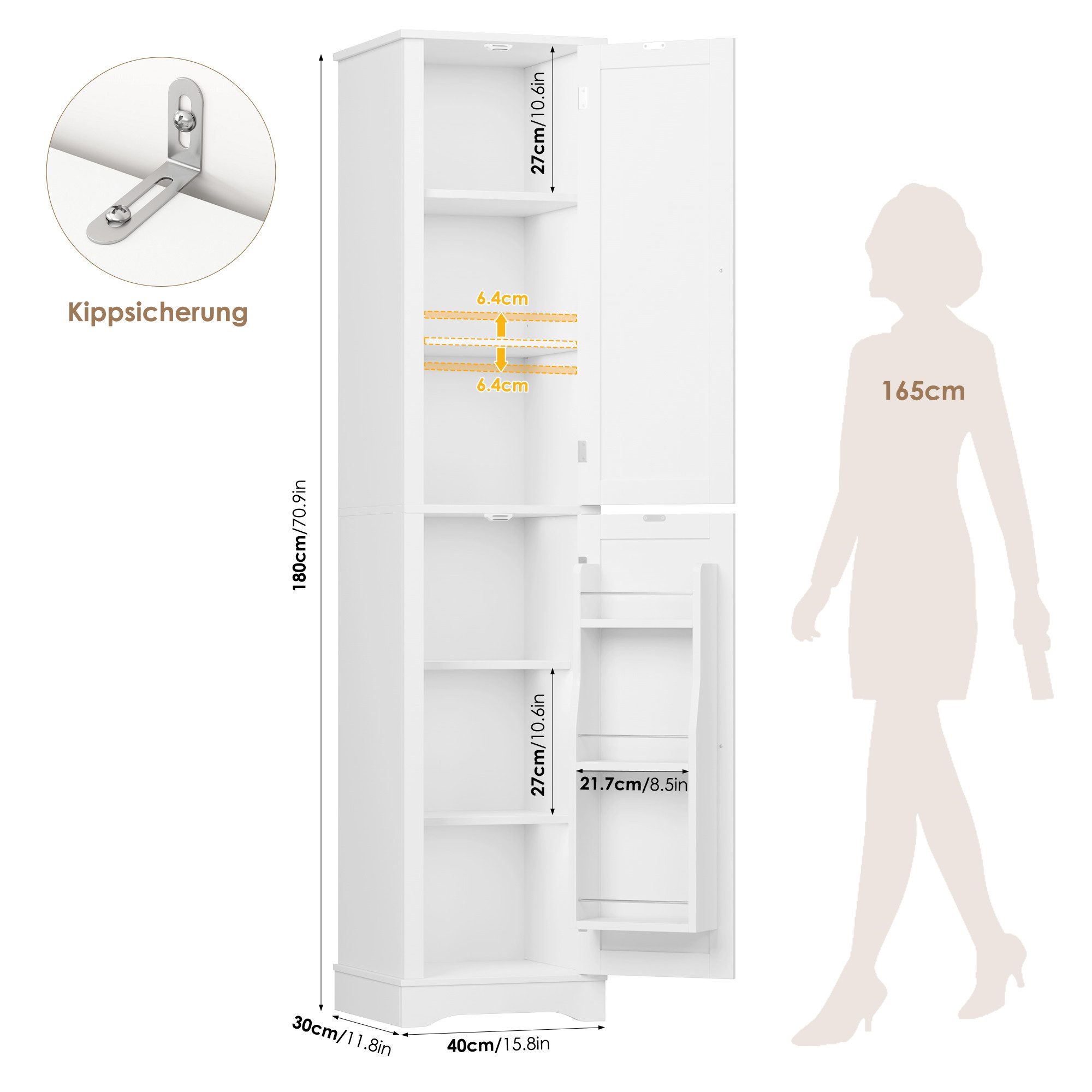 Homfa Hochschrank Badezimmerschrank Badschrank Küchenschrank mit 2 Türen und Türfächer, 40x30x180cm, Weiß