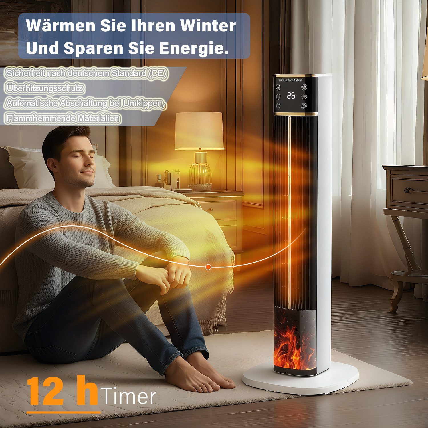 oyajia Heizlüfter 2000W Keramik PTC, Thermostat, Oszillation, Überhitzungs- & Kippschutz, energiesparend leise, 12H Timer, Fernbedienung,Schlafzimmer Badezimmer – Bild 4 von 5