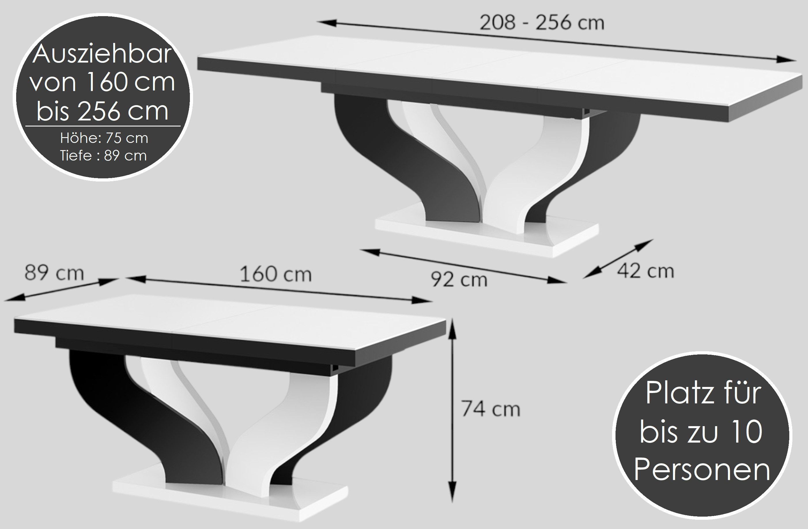 designimpex Esstisch Design Tisch HEB-222 Grau / Weiß Hochglanz ausziehbar 160 bis 256 cm