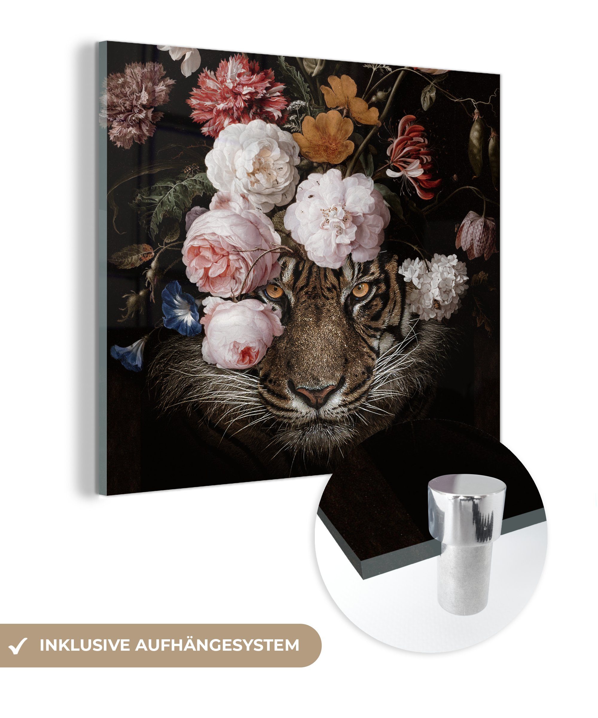 MuchoWow Acrylglasbild Blumen - Jan Davidsz de Heem - Tiger - Gemälde - Stillleben - Alte, (1 St), Glasbilder - Bilder auf Glas Wandbild - Foto auf Glas - Wanddekoration bunt