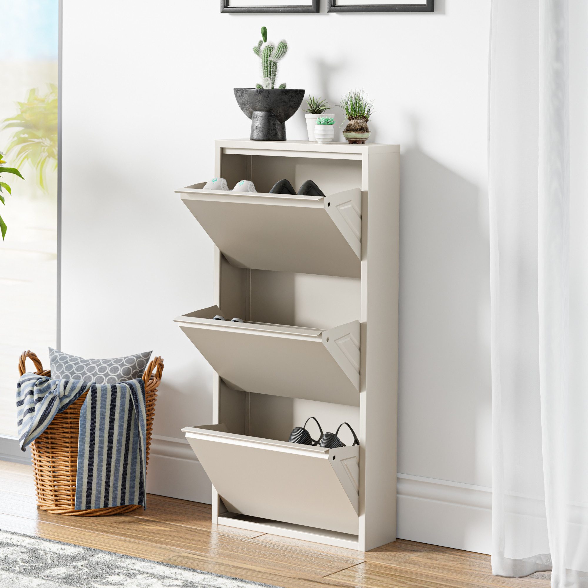 en.casa Schuhschrank »Sokndal« mit 3 Klappen Metall Pfefferweiß günstig online kaufen