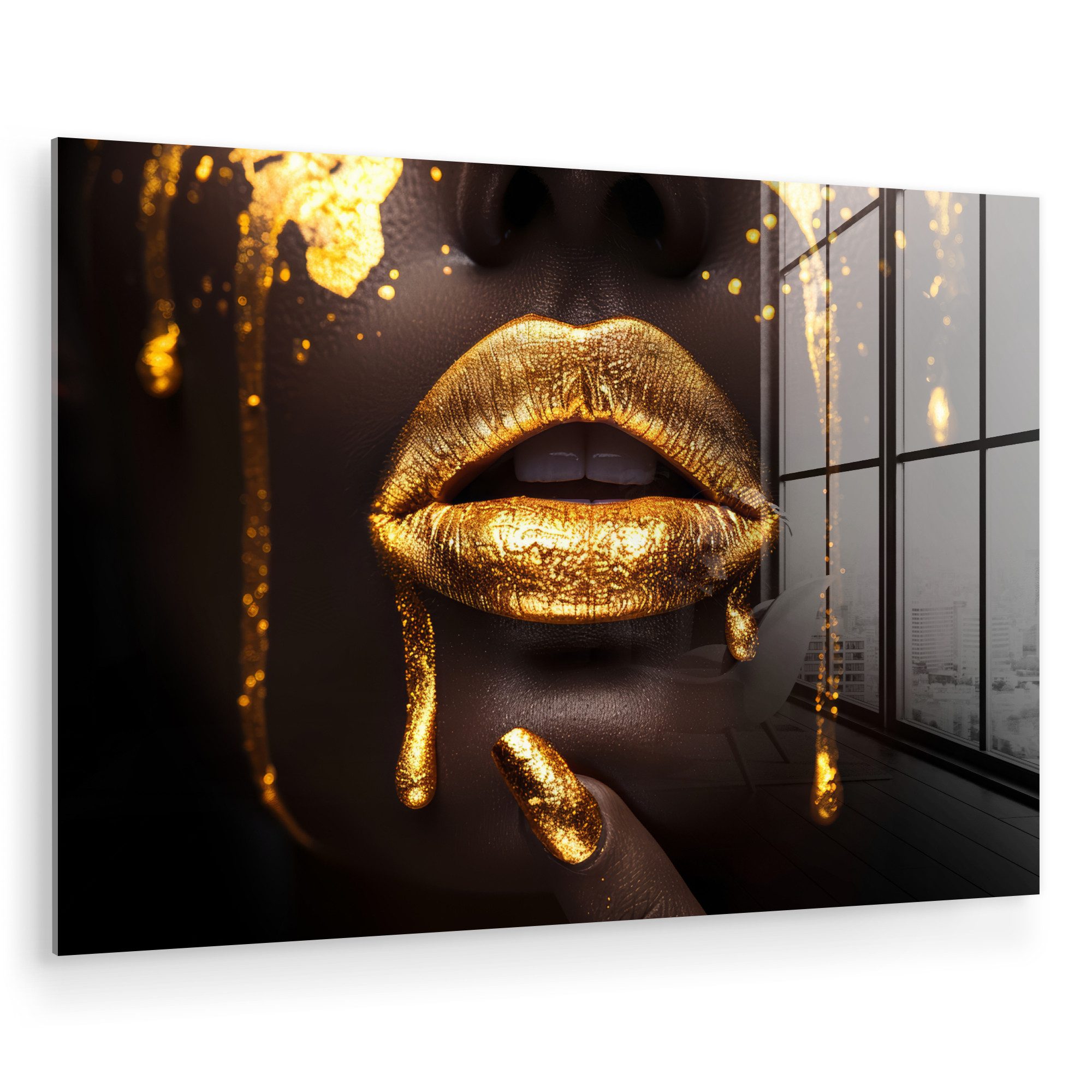 MuchoWow Acrylglasbild Goldene Lippen - Gesicht günstig online kaufen