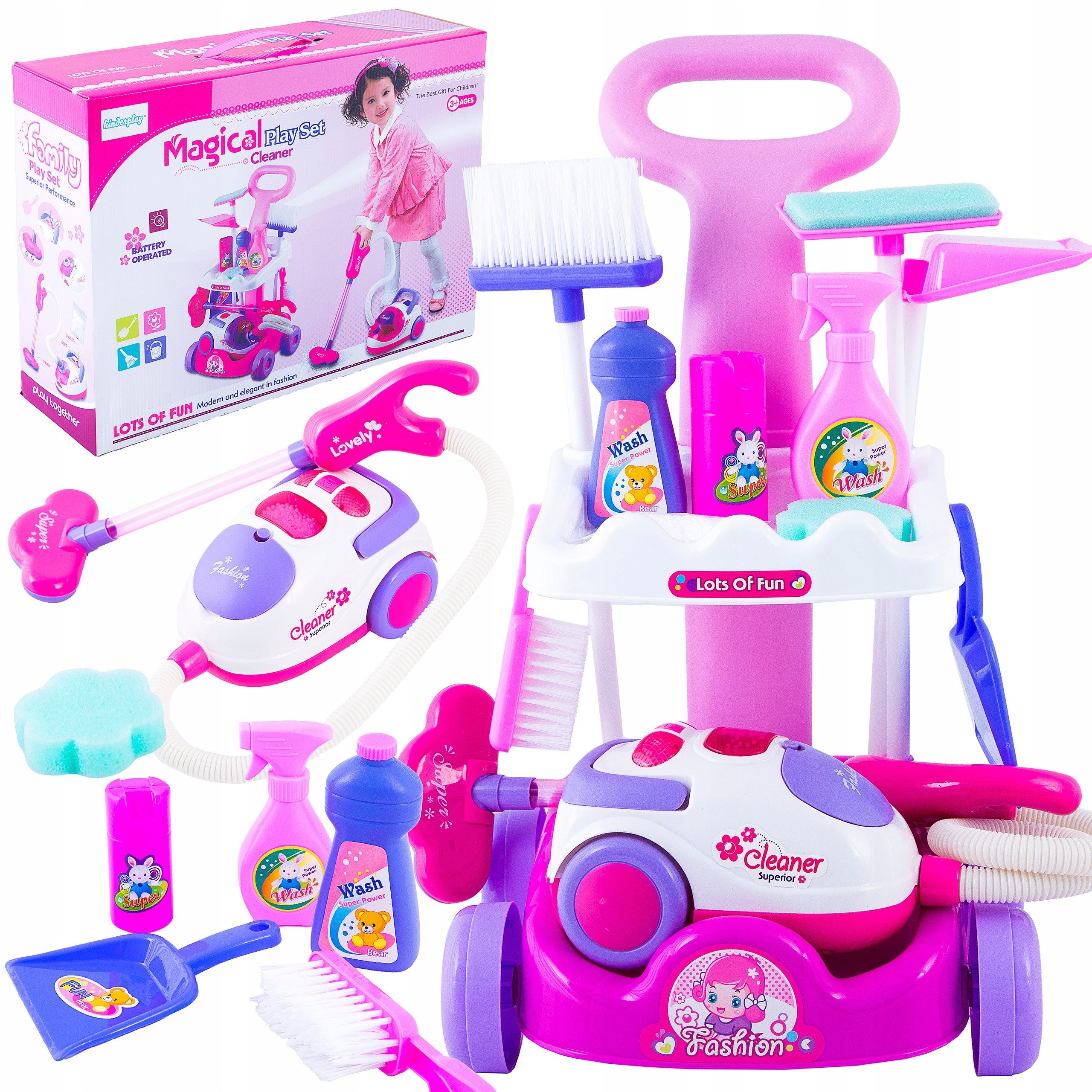 kinderplay Kinder-Staubsauger Kinder Reinigungsset mit Staubsauger – Lernspiel – Zubehörwagen, (Reinigungsset mit Staubsauger und Zubehör), mit Licht und Sound