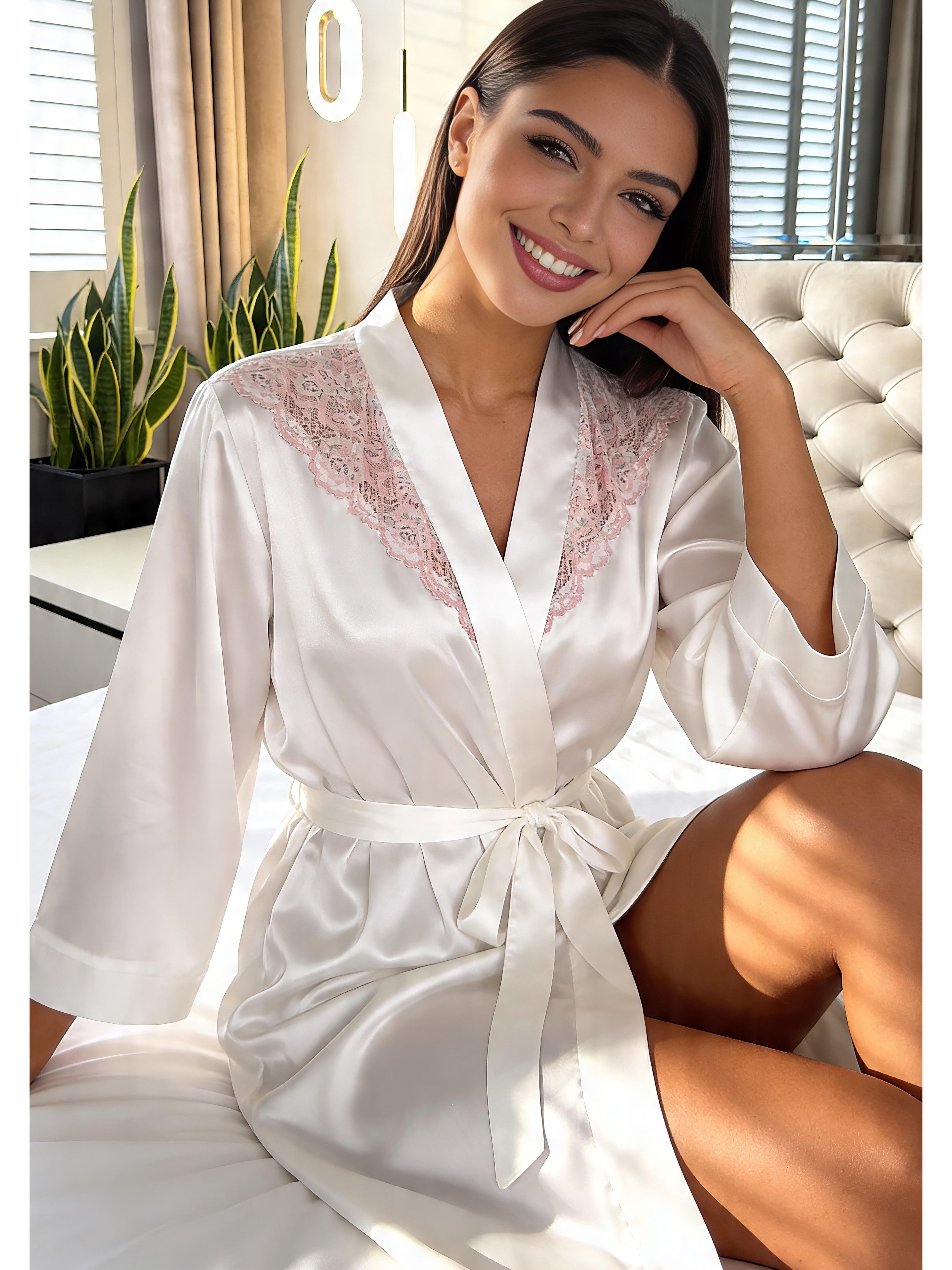 Donna Morgenmantel Eleganter Satin Kimono, Satin-Stretch, Schalkragen, Bindegürtel, mit floraler Spitze