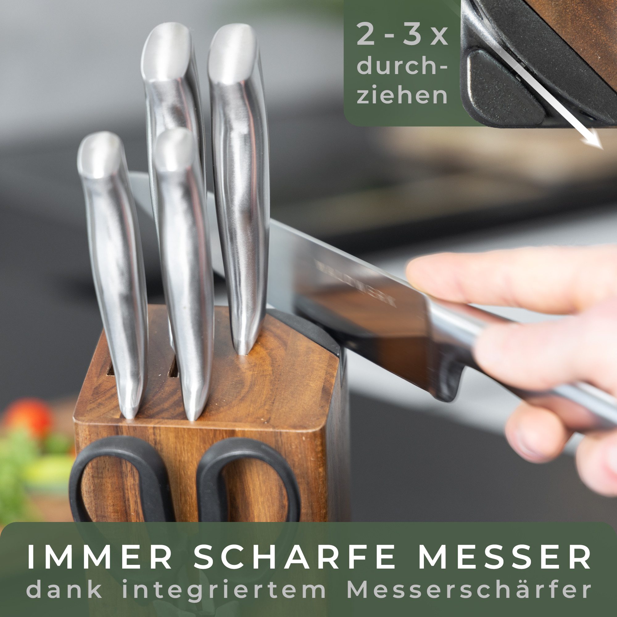 Waldwerk Messerblock - 7-/11-teiliges Messerset mit integriertem Messerschärfer (7tlg), integrierter Messerschärfer, Edelstahl, Akazienholz