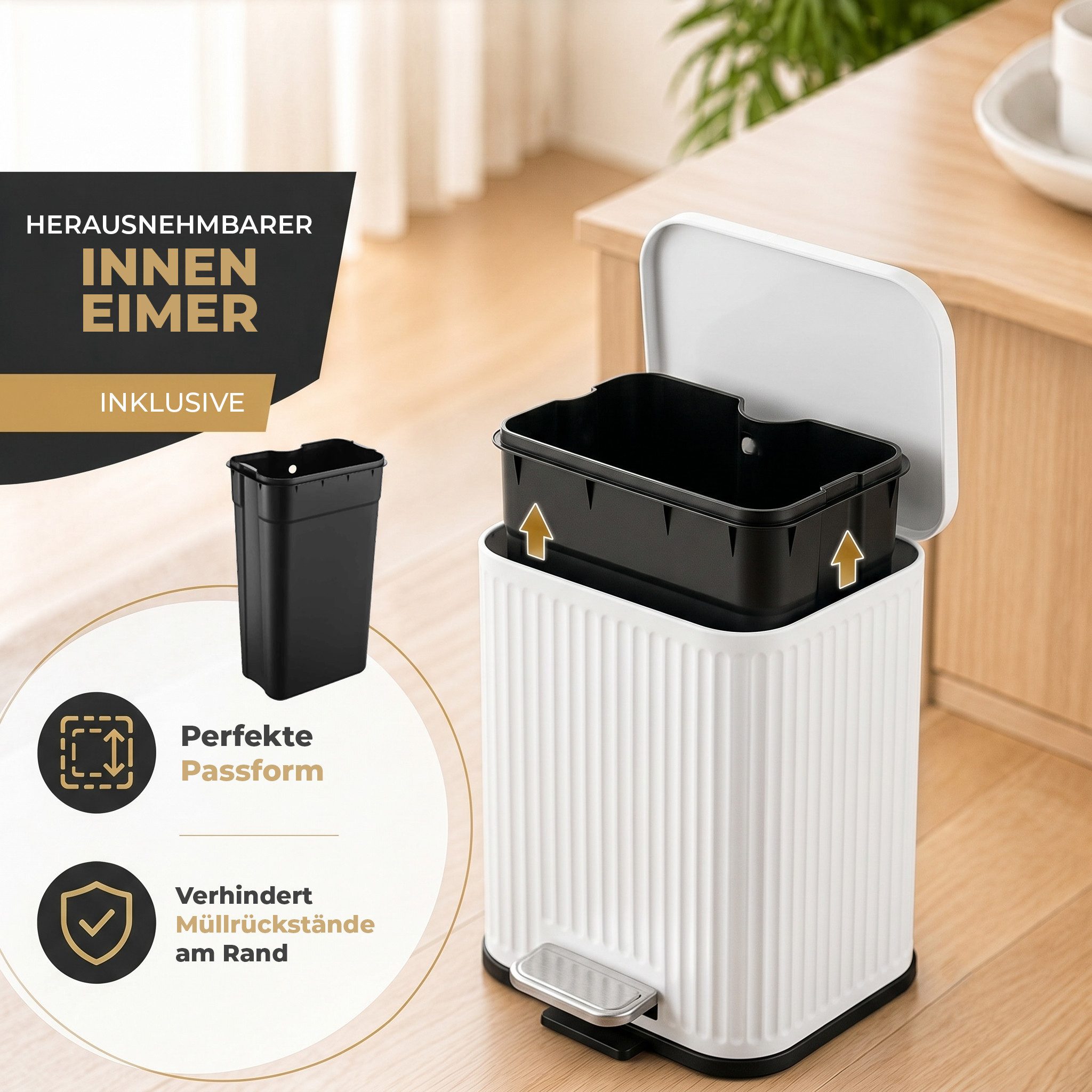 Floordirekt Mülleimer Miles mit Soft-Close-Deckel und herausnehmbarem Inneneimer, Soft-Close-Funktion, herausnehmbarer Inneneimer, Step-On-Fußpedal