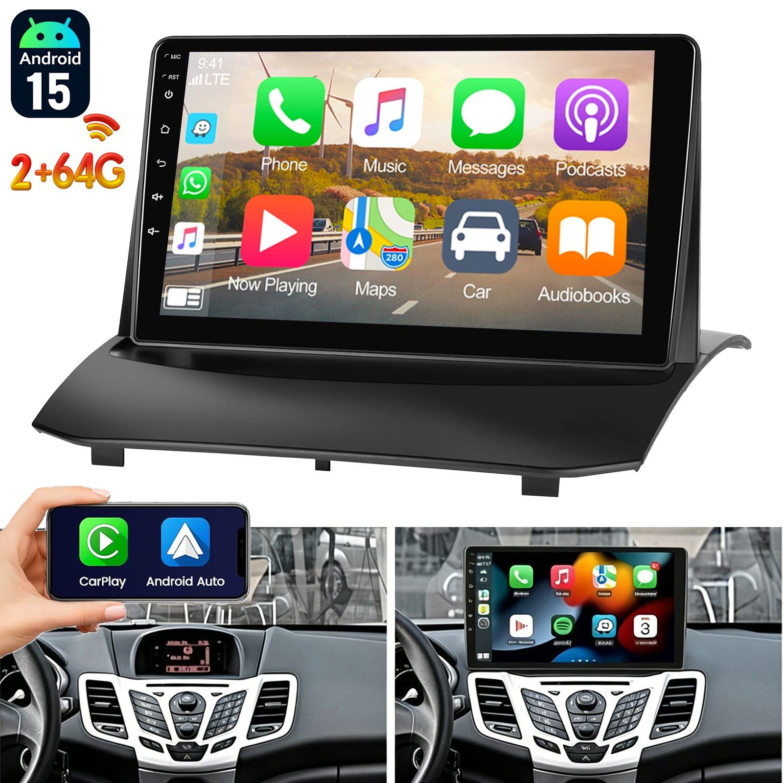ESSGOO DAB+ Android 15 Autoradio GPS Navi WIFI Für Ford Fiesta MK6 2009-2017 Autoradio (4+64GB(optional), FM, AM, DAB+ (optional), Apple Carplay & Android Auto,Bluetooth EQ USB Touchscreen SWC)