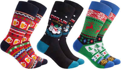 BRUBAKER Socken Weihnachtssocken - Lustige Socken für Damen und Herren (Unisex Baumwollsocken, 3-Paar) Bunt, Chillin with my Snowmies und Xmas Bier