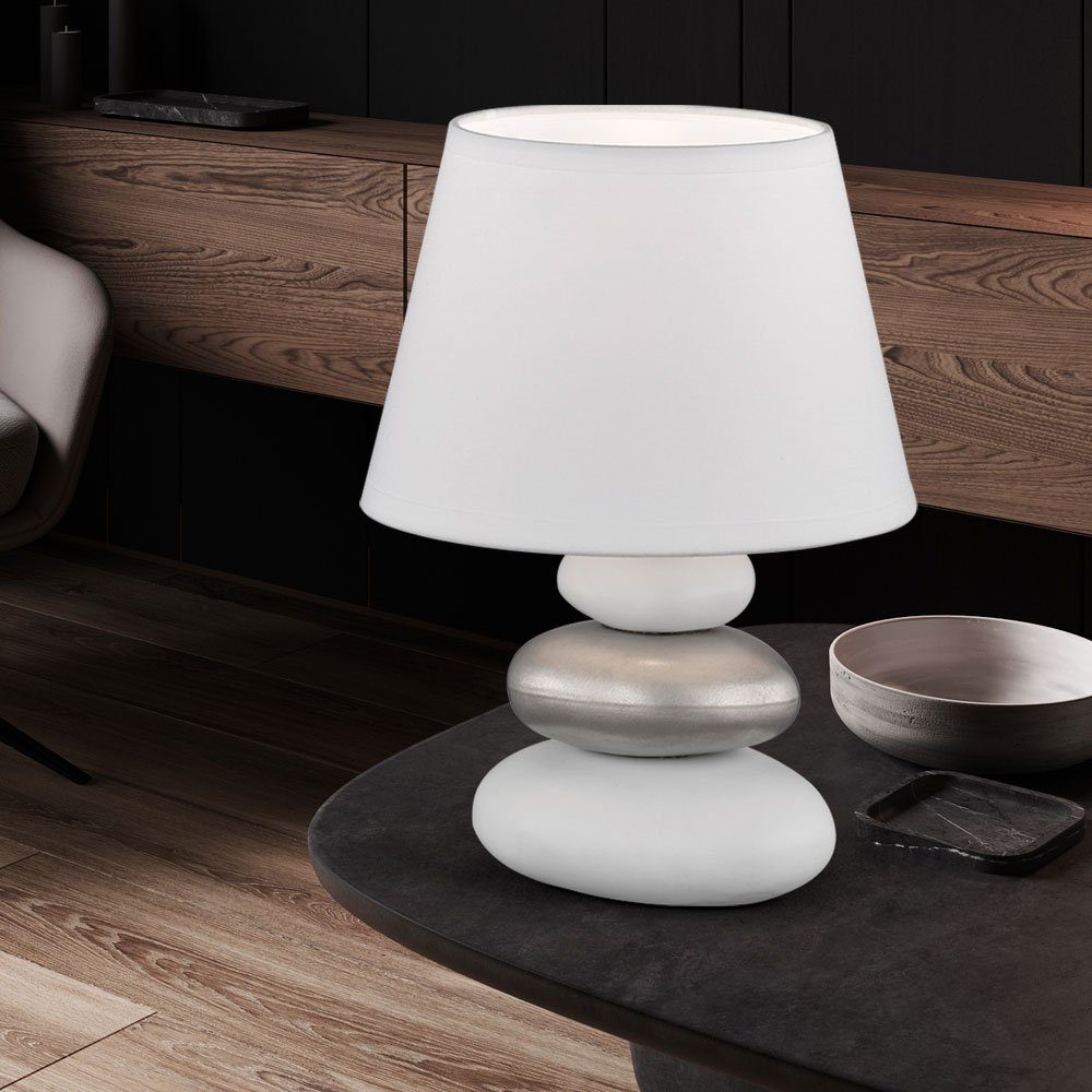 etc-shop LED Beistelllampee Leuchtmittel Keramik weiß Tischleuchte Nachttischlampe silber Steine Tischleuchte, nicht inklusive