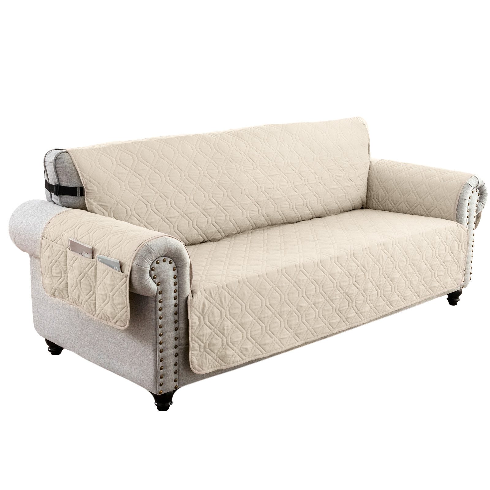 Rosnek Sofabezug Wasserdicht, Couchüberzug rutschfest, 1/2/3-Sitzer mit Seitentasche, Sofa Schutzdecke gesteppt für Haustiere, Wohn- und Arbeitszimmer