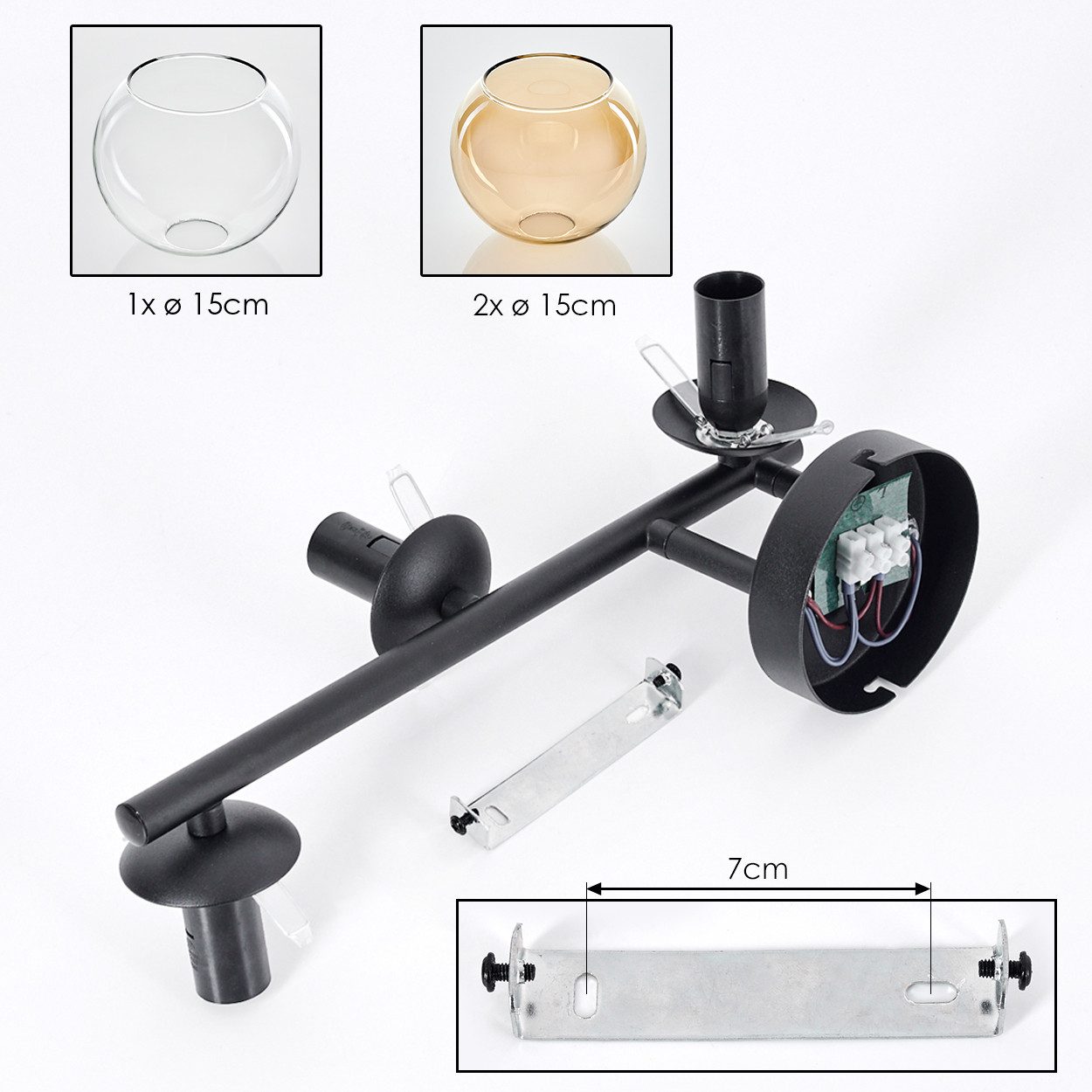 hofstein Wandleuchte Wandlampe aus Metall/Glas in Schwarz/Bernstein/Klar, moderne Leuchte im Retro/Vintage-Design (Schirme Ø 15 cm), E14