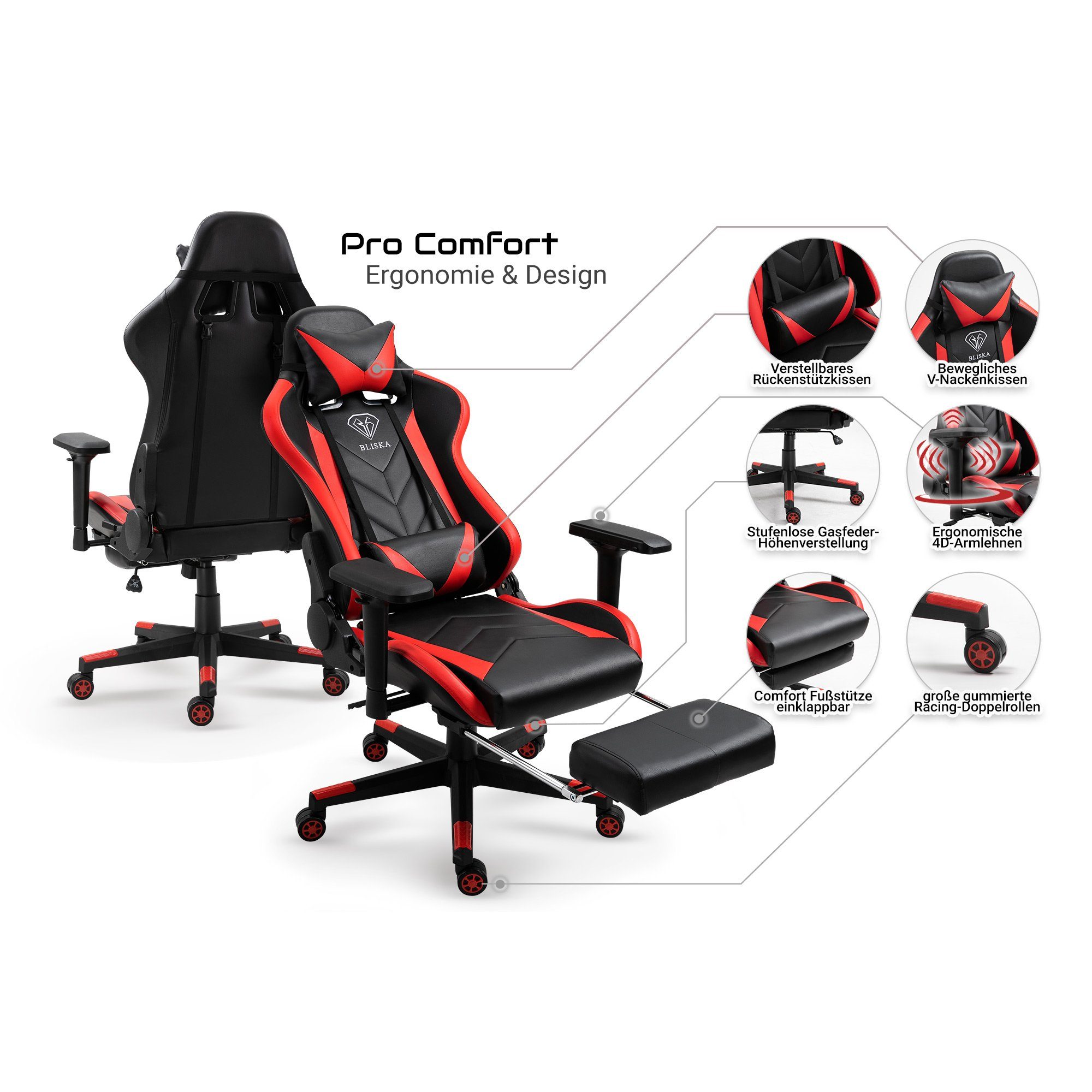 TRISENS Chefsessel Leo (1 Stück), mit Fußstütze gaming Lederoptik chair Gaming und 4D-Armlehnen Schwarz/Grau in Stuhl