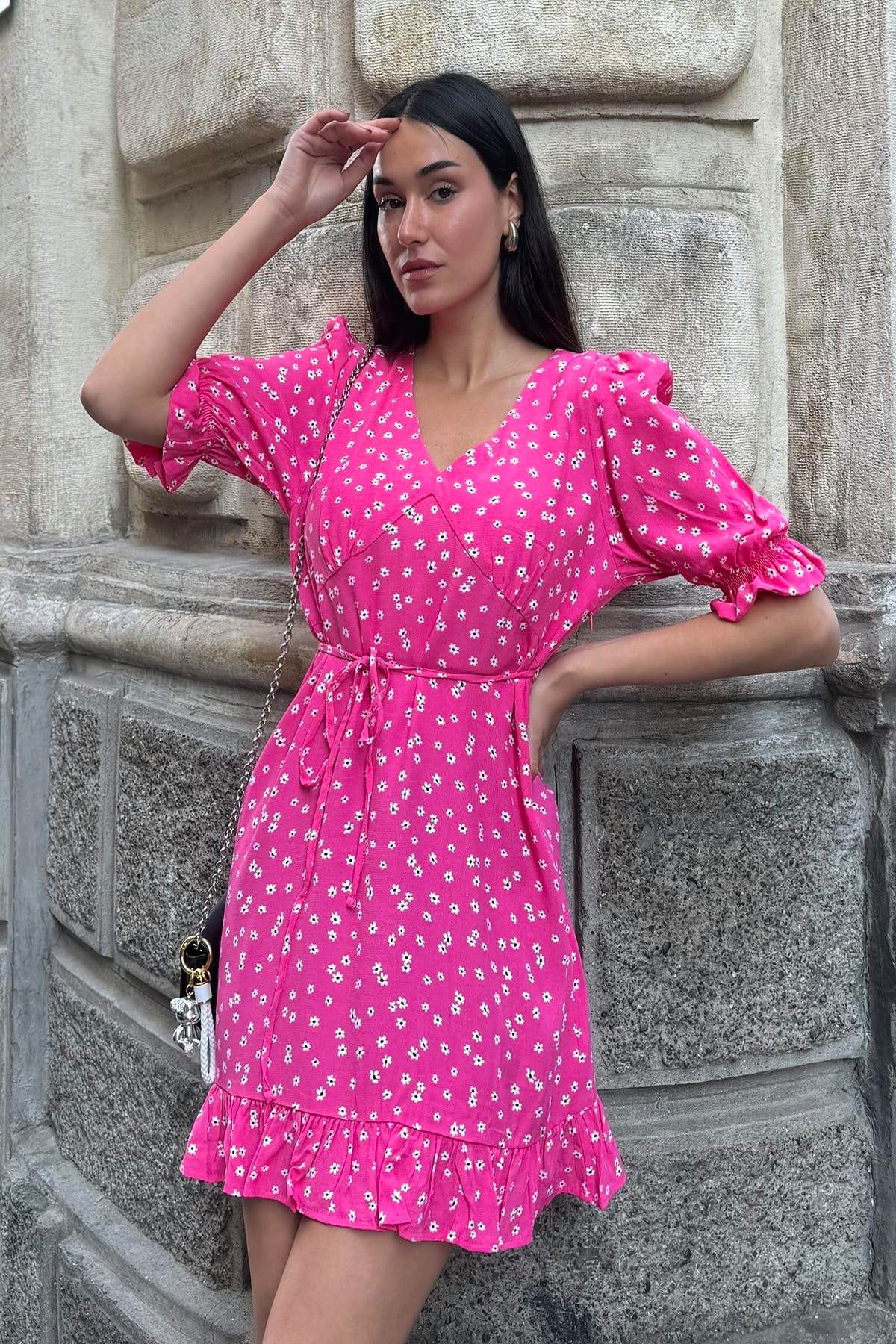 For You Moda Midikleid Natürliche Viskose Rüschenmuster Fuchsia Kleid – Bild 4 von 5