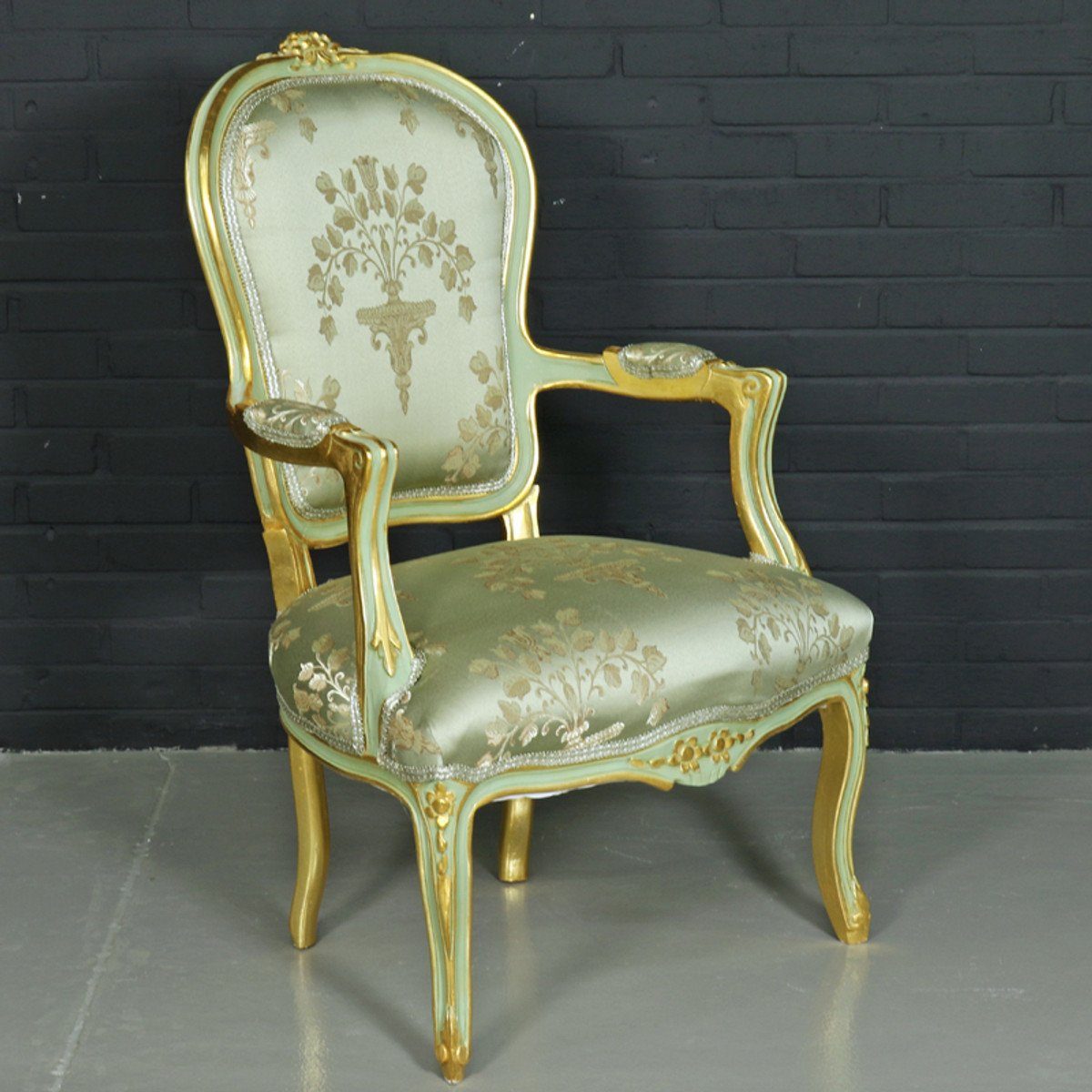 Stuhl Stuhl Salon Mod1 Armlehnen Casa "Medaillon" Gold Hellgrün - Besucherstuhl mit Antikstil / Padrino Barock