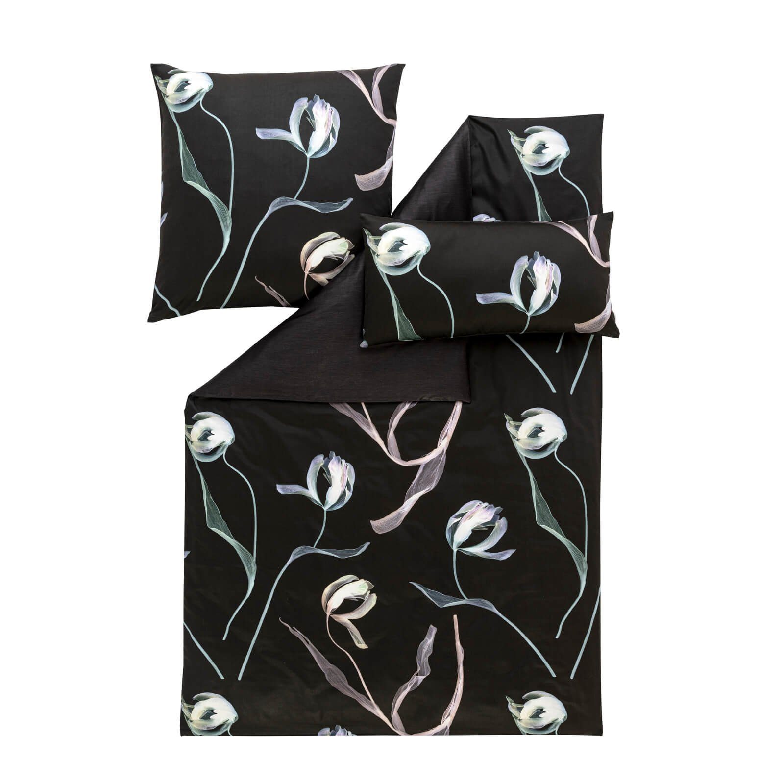 Bettwäsche »Tulipa 7597 900 Schwarz«, Estella, Mako-Satin, 2 teilig,  Tulpen, Blüten, Florales Design