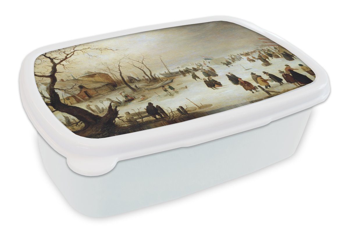 MuchoWow Lunchbox Eine winterliche Flusslandschaft mit Figuren auf dem Eis - Gemälde von, Kunststoff, (2-tlg), Brotbox für Kinder und Erwachsene, Brotdose, für Jungs und Mädchen weiß