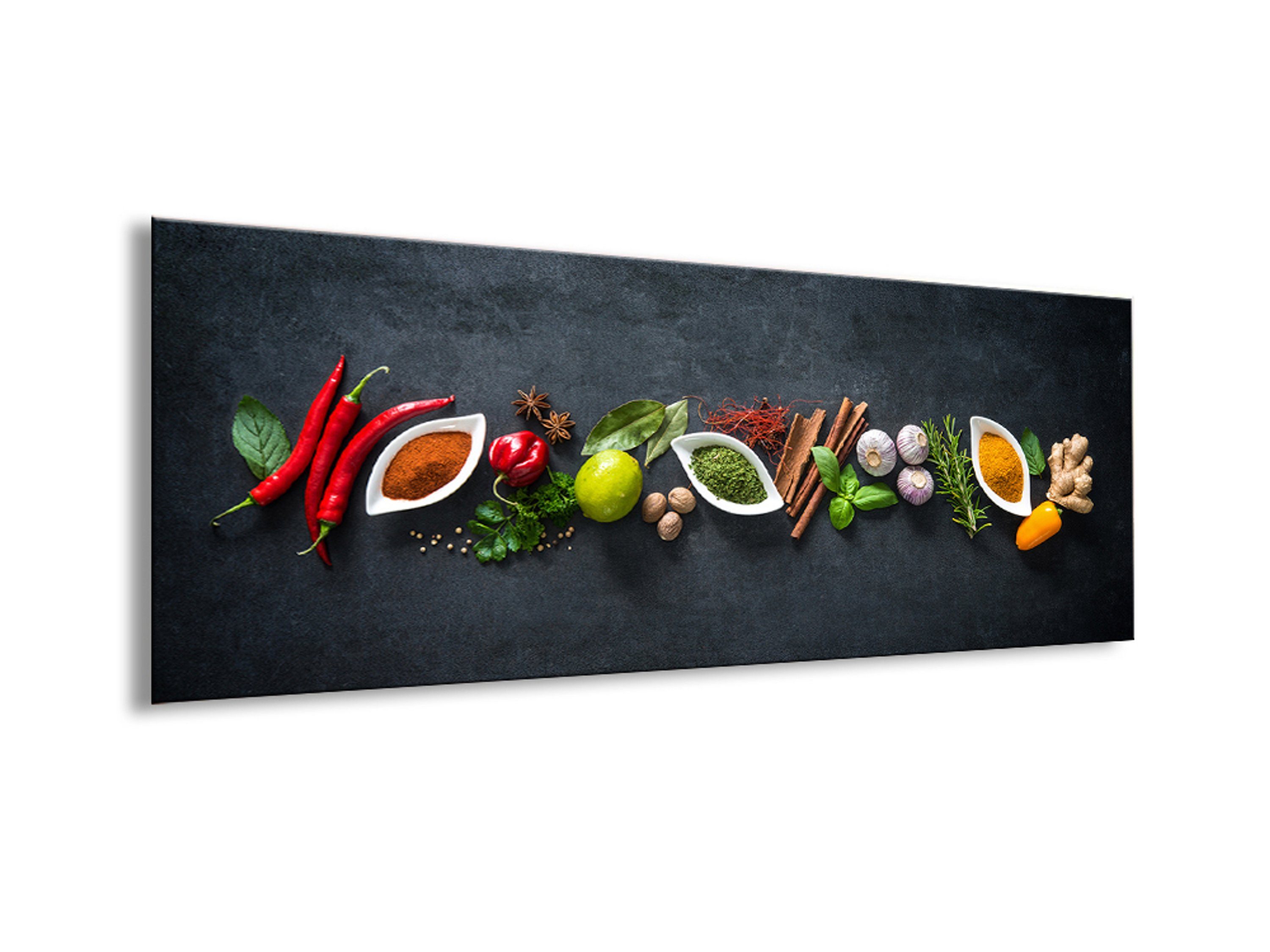 Glasbild Bild schwarzem Glas Glasbild modern Chilli 80x30cm Kräuter Kräuter, aus Küchenbild Hintergrund artissimo Küche Küchenmotiv: auf