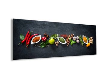 artissimo Glasbild Glasbild 80x30cm Bild aus Glas Küche Küchenbild modern Chilli Kräuter, Küchenmotiv: Kräuter auf schwarzem Hintergrund