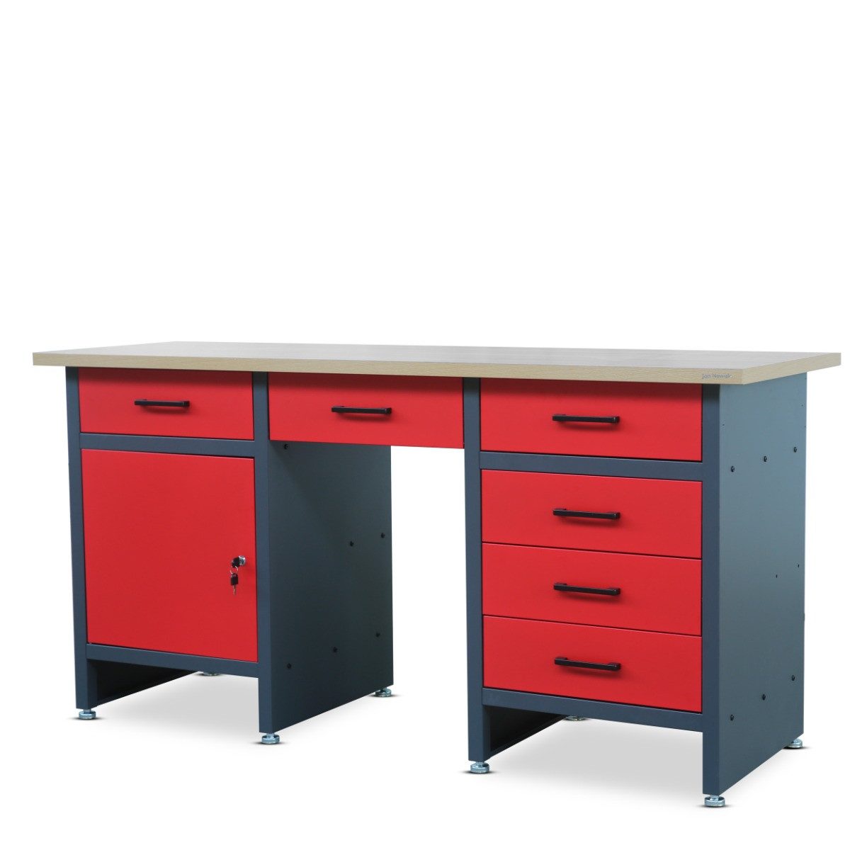 Jan Nowak Werkbank Werkstatttisch 170 cm FRANK 6 Schubladen Schrank laminierte Platte, (Stahl 0,8-1,0 mm 85 x 170 x 60 cm verstellbare Füße Sitzlücke), Werktisch Stahl abschließbar 570 kg robust 3 Farben verstellbar