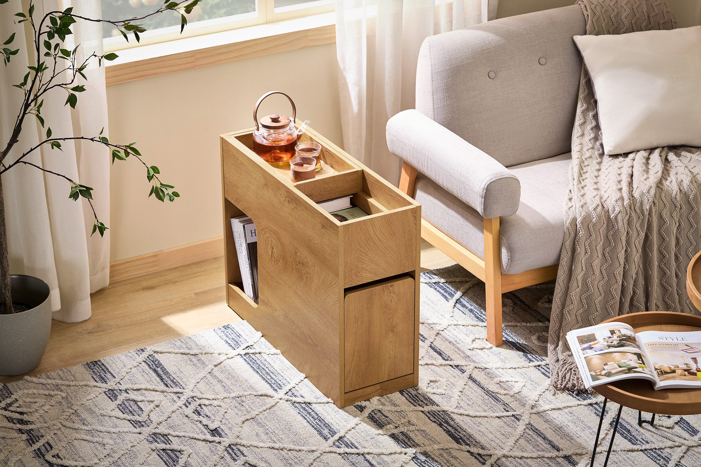 SoBuy Nachttisch FBT158, Beistelltisch Nachttisch, Aufbewahrungsschrank mit Schublade, Sofatisch mit Abnehmbarem Tablett, 25cm Breit – Bild 5 von 5