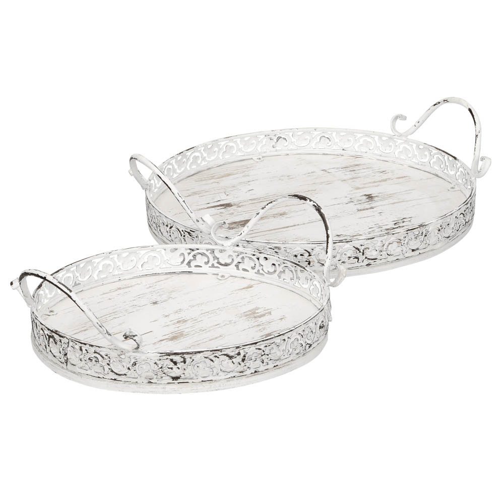 Posiwio Tablett 2tlg. Rundes Tablett ROSALIE weiß aus Holz mit Metallrand shabby chic