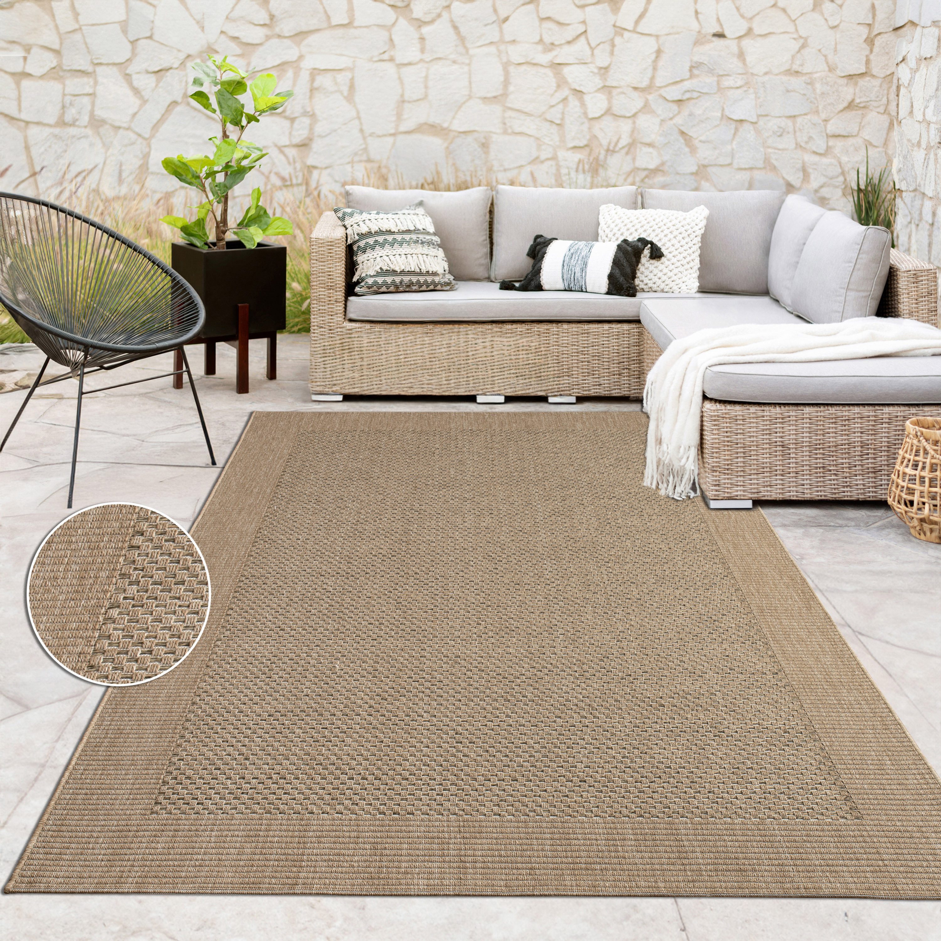Paco Home Teppich Waregem 621, rechteckig, Höhe: 4 mm, Flachgewebe, meliert, mit Bordüre, Outdoor geeignet, Wohnzimmer