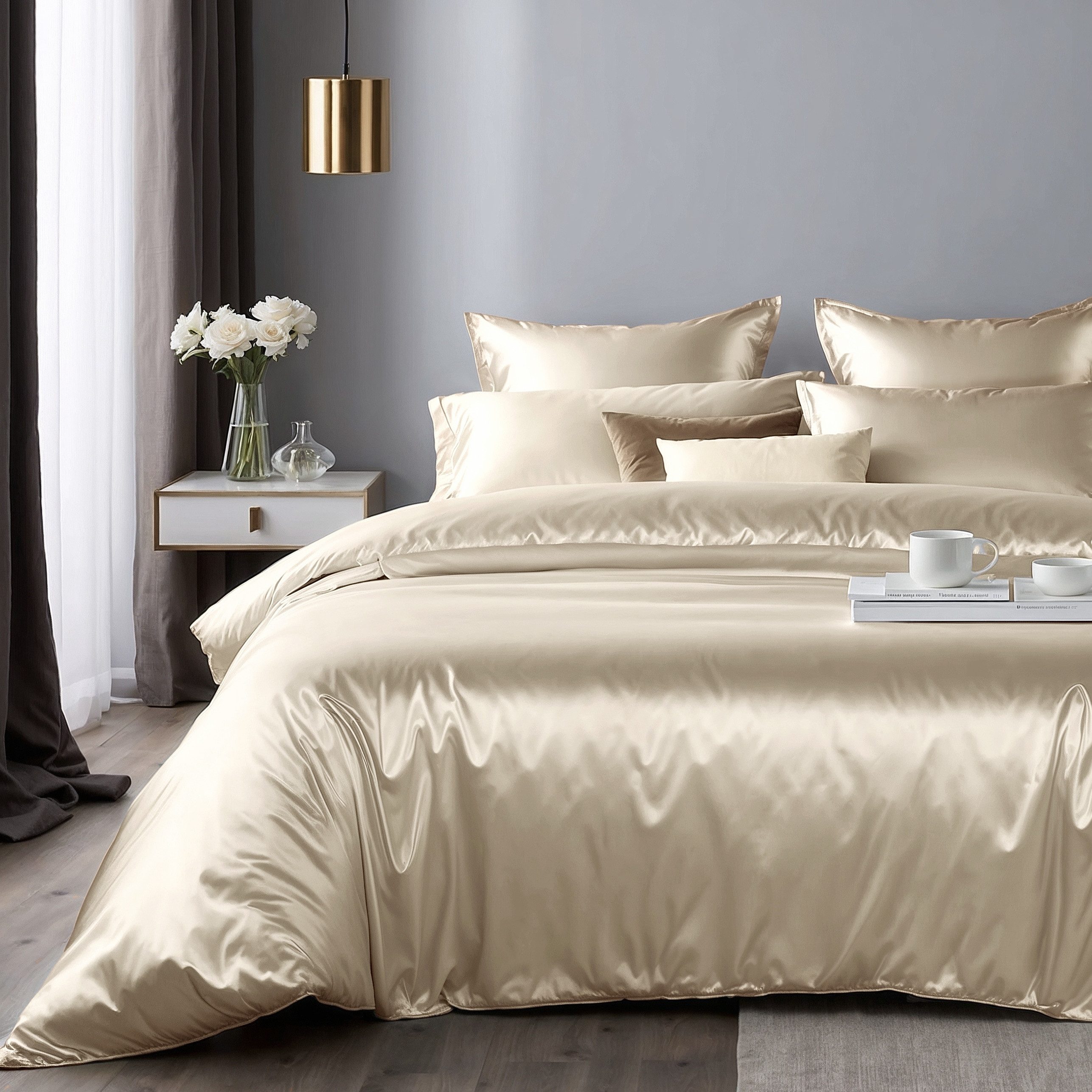 Cozyor Bettwäsche Satin glänzend 135x200, 155x200, 155x220, 200x200cm mit Reißverschluss, Satin, beige Driftwood, 2 teilig, Edel und hochwertig – Bild 5 von 5