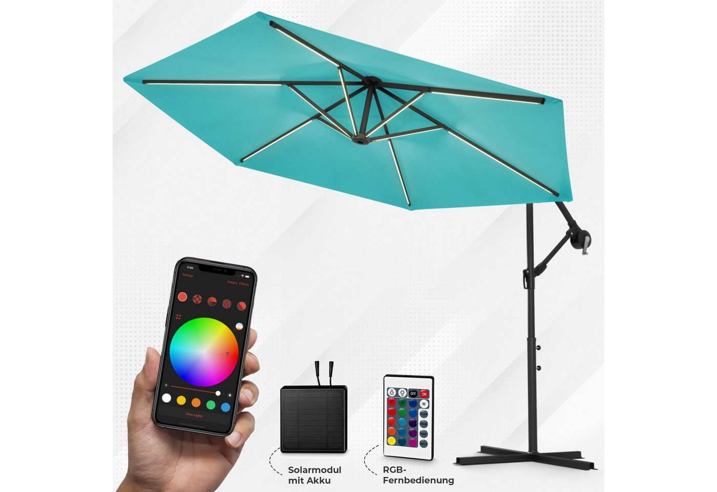 Swing&Harmonie Sonnenschirm mit RGB Beleuchtung LED Ampelschirm Garten Schirm, 300 / 350 cm inkl. Fernbedienung, APP Steuerung blau Rabatt: 54 %
