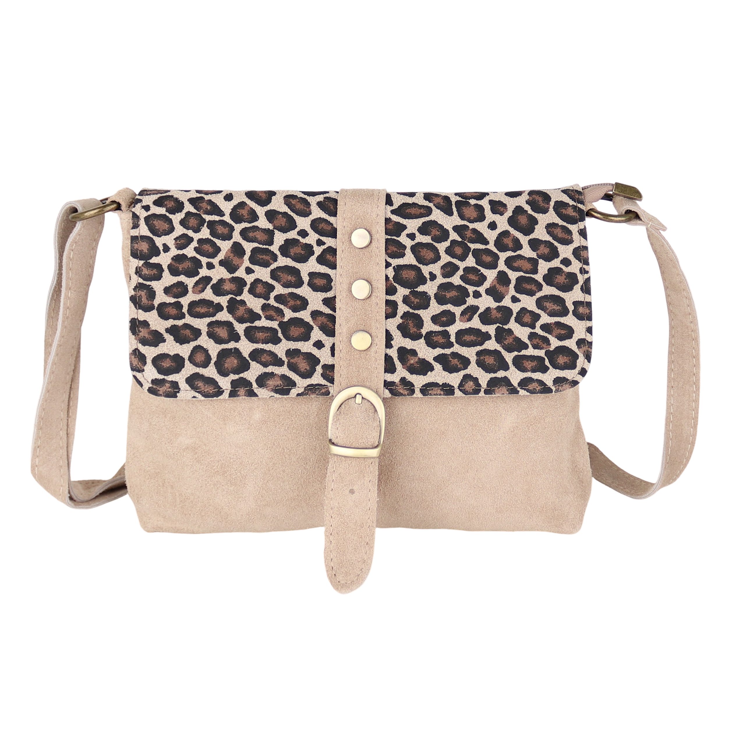 MIRROSI Umhängetasche Damen Klein Crossbody Bag, Echtleder Made in Italy (Maße: ca.27x22x4cm), Hauptfach mit Klappe, 1 Hinterfach Leopard Leo Muster