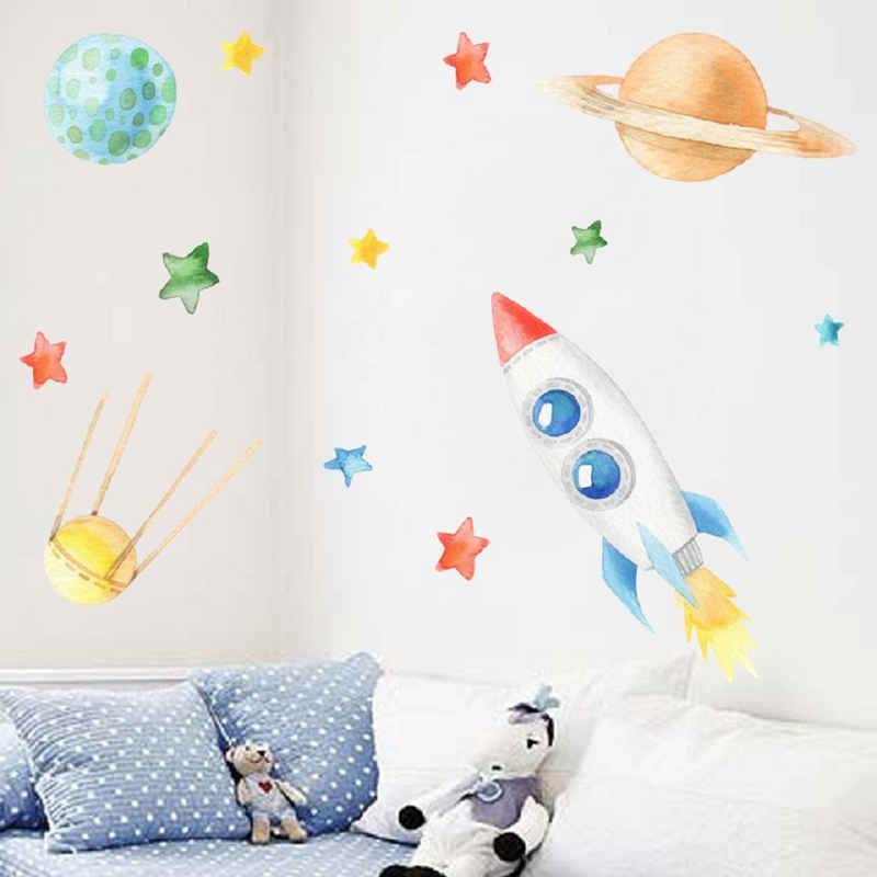 CreateHome Wandtattoo »Aufkleber Weltraum Rakete für Kinderzimmer« (rückstandslos entfernbar selbstklebend)