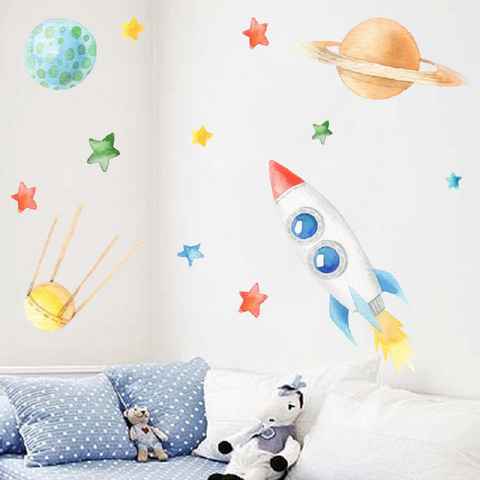 CreateHome Wandtattoo Aufkleber Weltraum Rakete für Kinderzimmer (rückstandslos entfernbar selbstklebend)