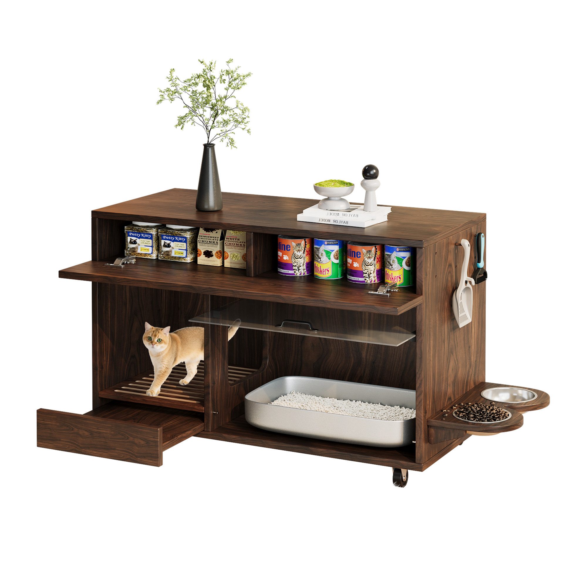Yorbay Mehrzweckschrank Katzentoilettenschrank Sideboard mit Sandauffangmatte Futternäpfen Rollen