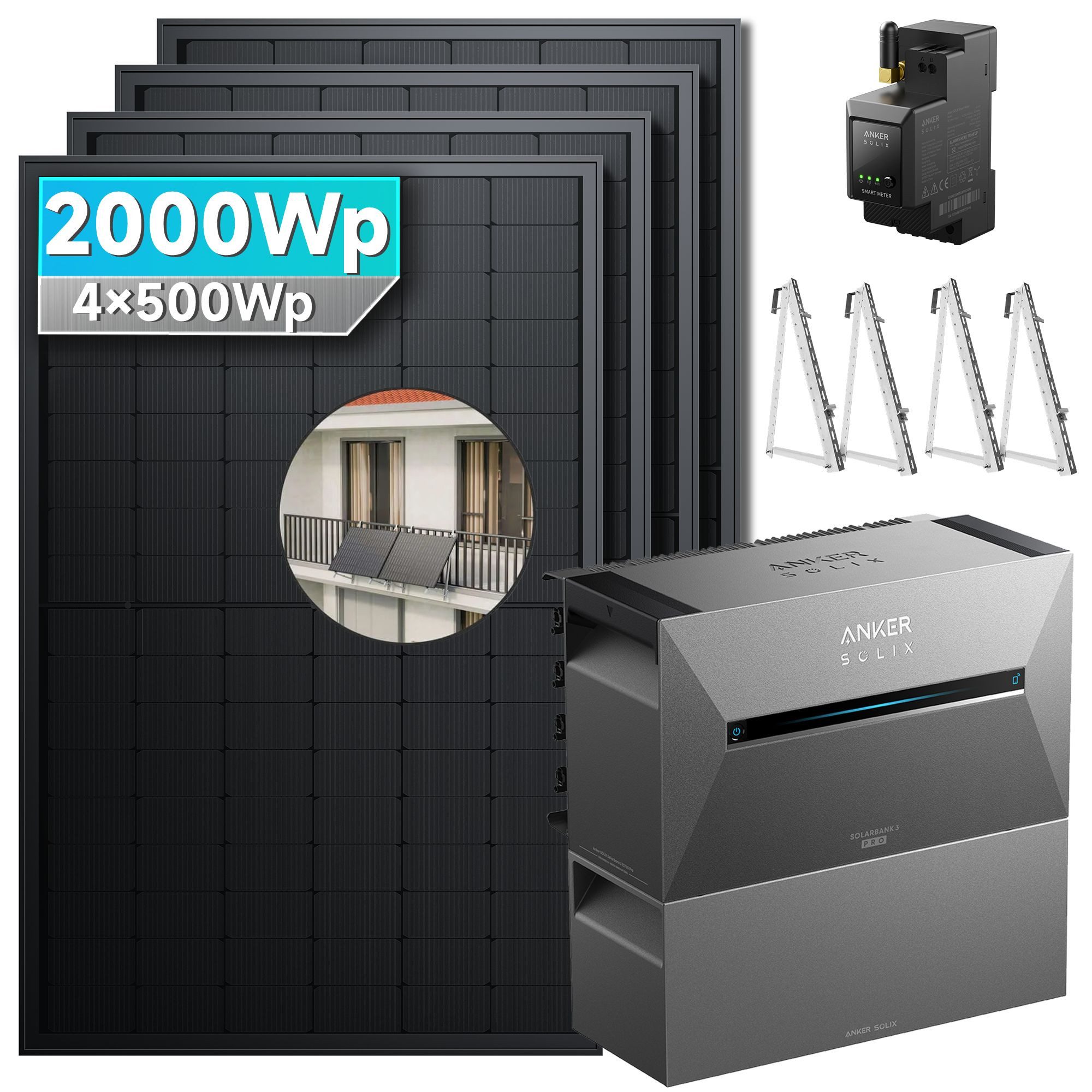 SolarMars Balkonkraftwerk mit Speicher 2000W Anker Solix Solarbank 3 E2700 Pro, 2000 W, Monokristallin, (mit optionaler BP2700 Erweiterungsakku und Halterung), mit intelligenter KI zur dynamischen Überwachung des Stromverbrauchs