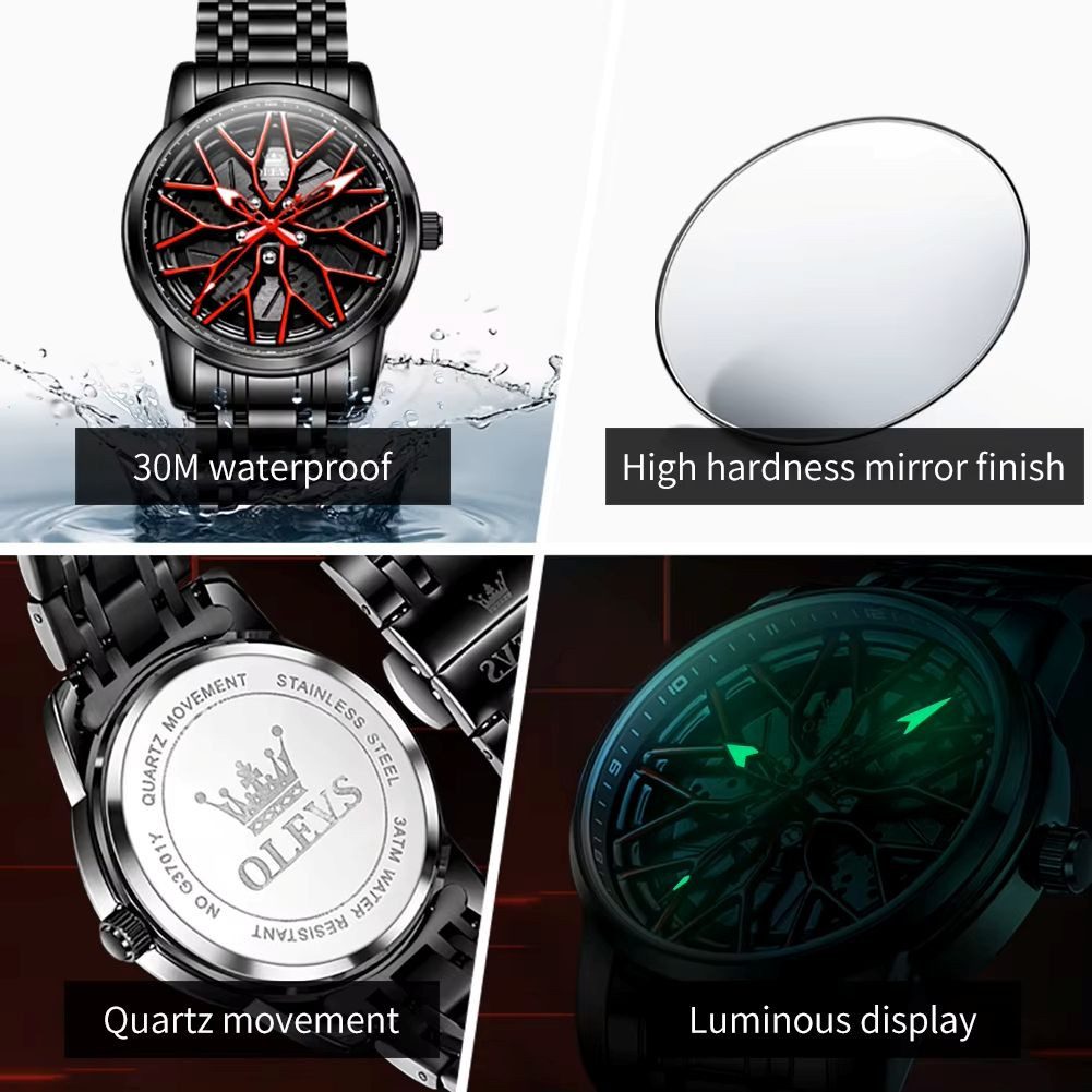OLEVS Quarzuhr Felgenuhr Olevs Motorsport Herren Armbanduhr im 3D Felgendesign Rot
