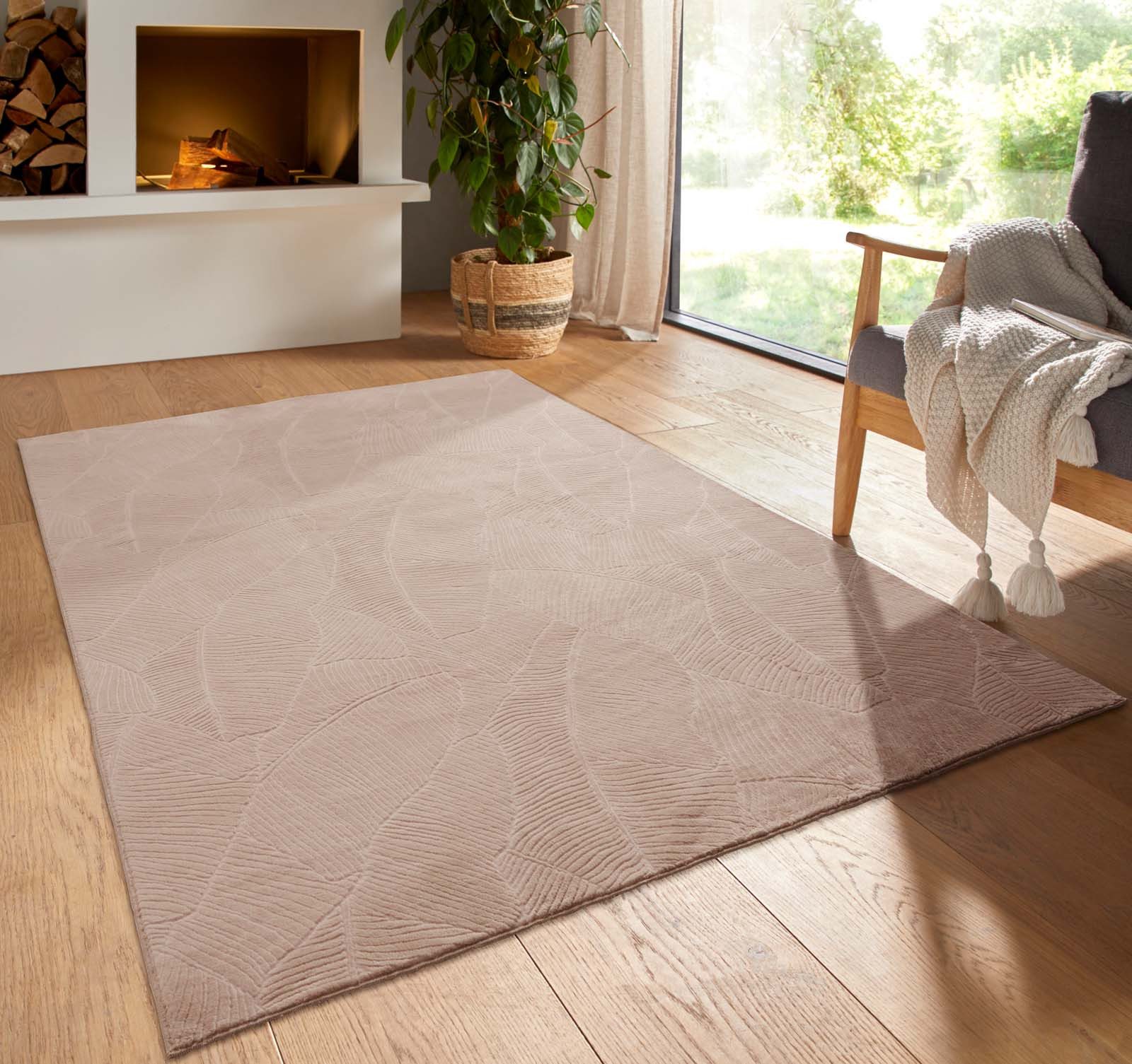 TaCa Home Teppich Kurzflor Teppich Hasenfell Optik, rechteckig, Höhe: 10 mm, Wohnzimmer, Kinderzimmer, Esszimmer, Blätter Beige - 50 x 80 cm