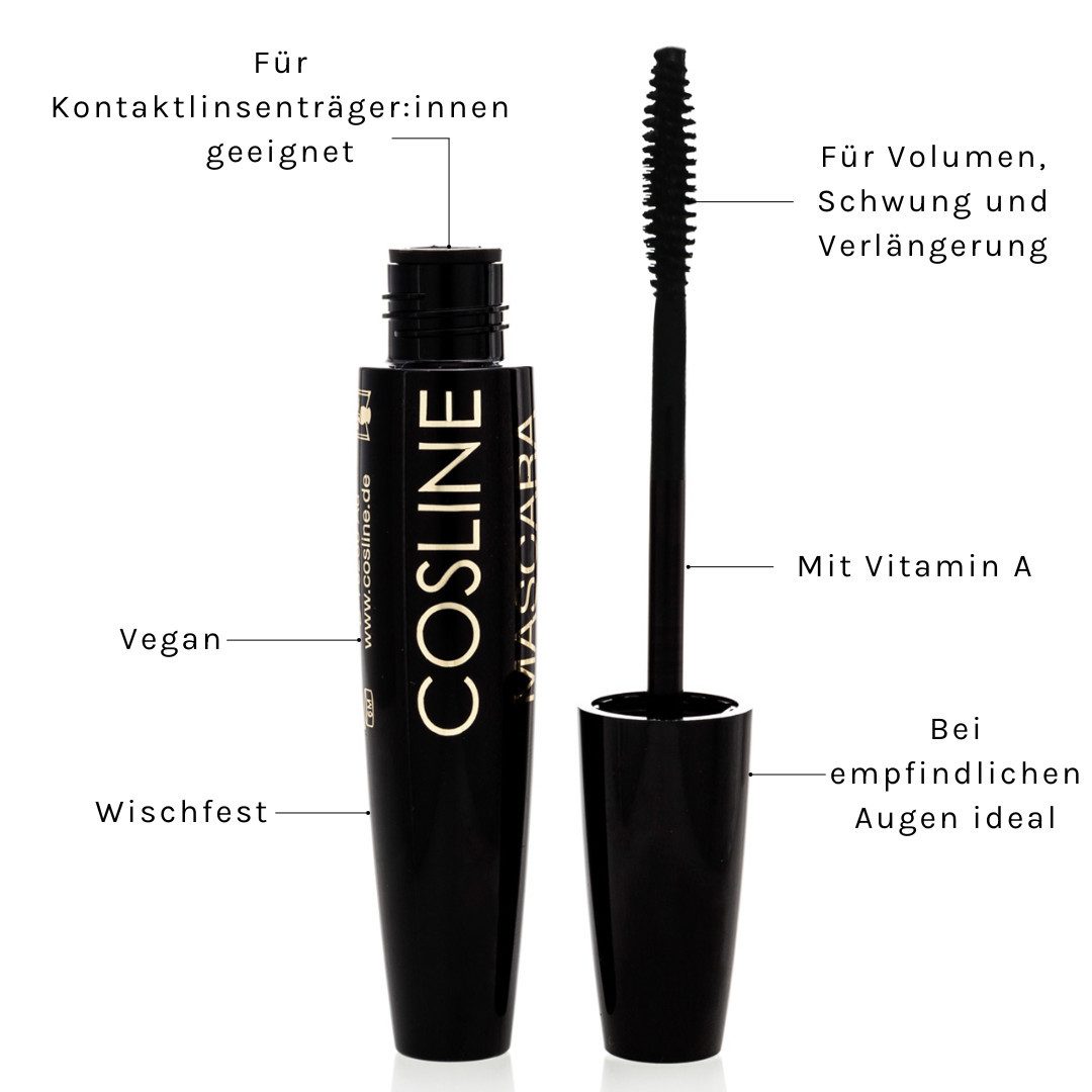 Cosline Cosmetics Mascara Black Wonderlash, für Volumen und Schwung, langanhaltend, tiefschwarz