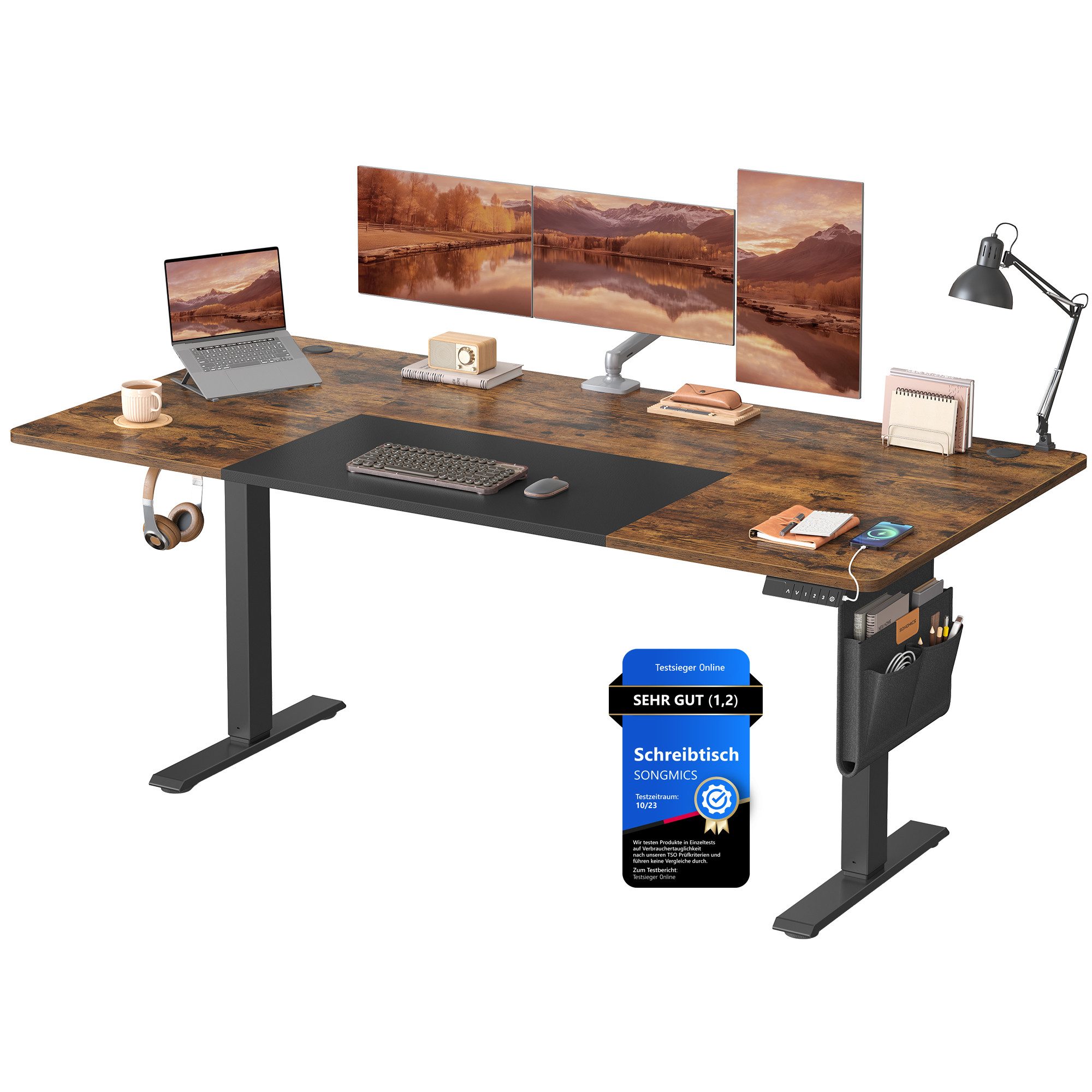 SONGMICS Schreibtisch Höhenverstellbarer elektrisch, USB-C-Anschluss (mit Stoff- Organizer), stufenlos verstellbar, Memory-Funktion mit 4 Höhen, 120/140/160/180 cm