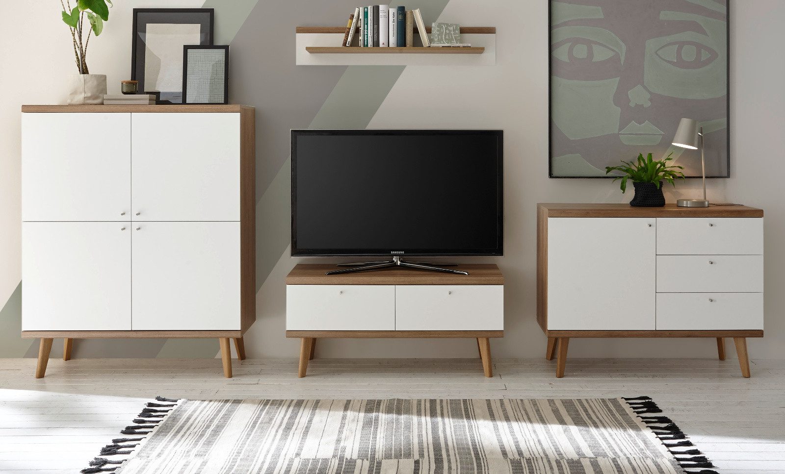 Furn.Design Wohnwand Helge, (Schrankwand in weiß und Eiche Riviera, 4-St., 341 x 160 cm), skandinavisches Design