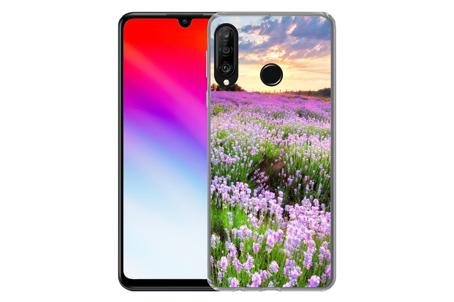 MuchoWow Handyhülle für Huawei P30 Lite Blumen - Lavendel - Lila - Himmel - Sonnenuntergan, Handy Case, Silikon, Bumper Case Dünn