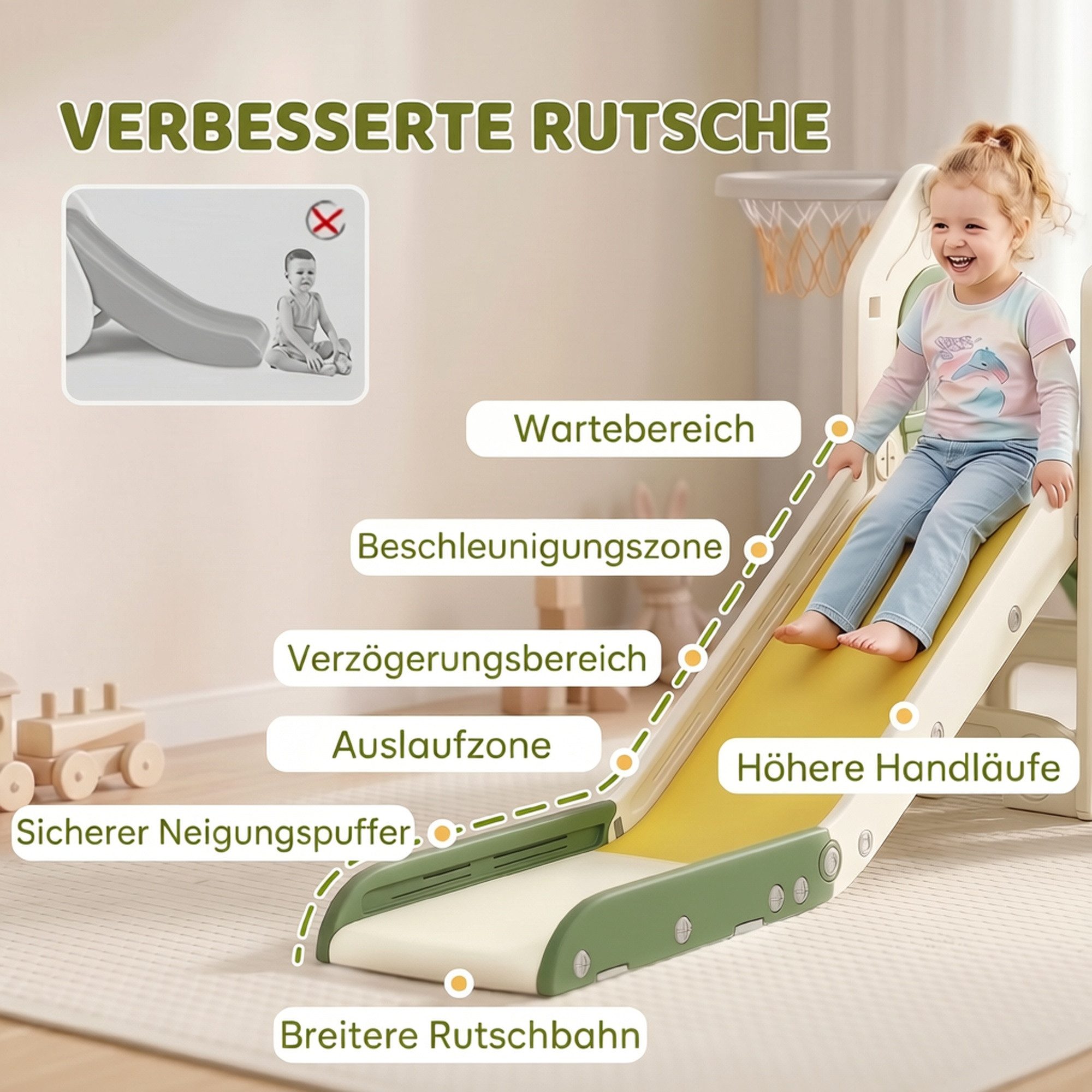 AIYAPLAY Rutsche Indoor-Spielset mit Kletterelement, (Set, 3-tlg., Rutsche mit Basketballkorb und Aufbewahrung), 5-in-1, faltbar, Kletterelement, Basketballkorb – Bild 4 von 5